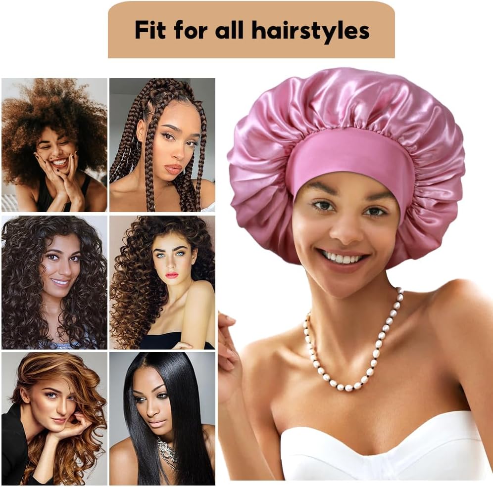 3+3 Large Satin Bonnets with Scrunchies for Women, Wide Band Hair Bonnet for Sleeping Braids Curly Hair