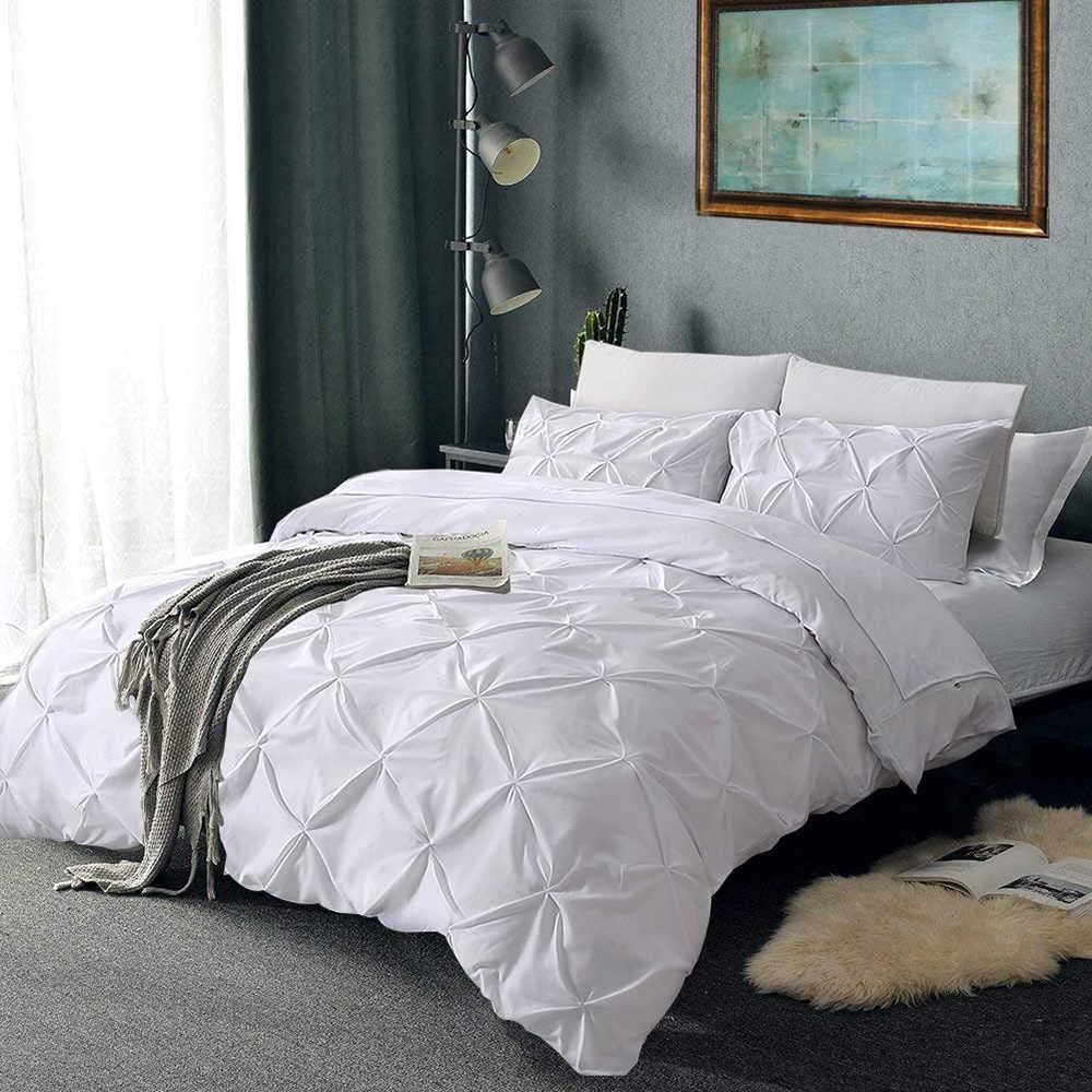 Pinch Pleated Duvet Cover Set 100% Brushed Microfiber 3PC Full Size 80x90 Duvet Cover Set, Decorative Pinch Design White Duvet Cover with Matching Pillow Case