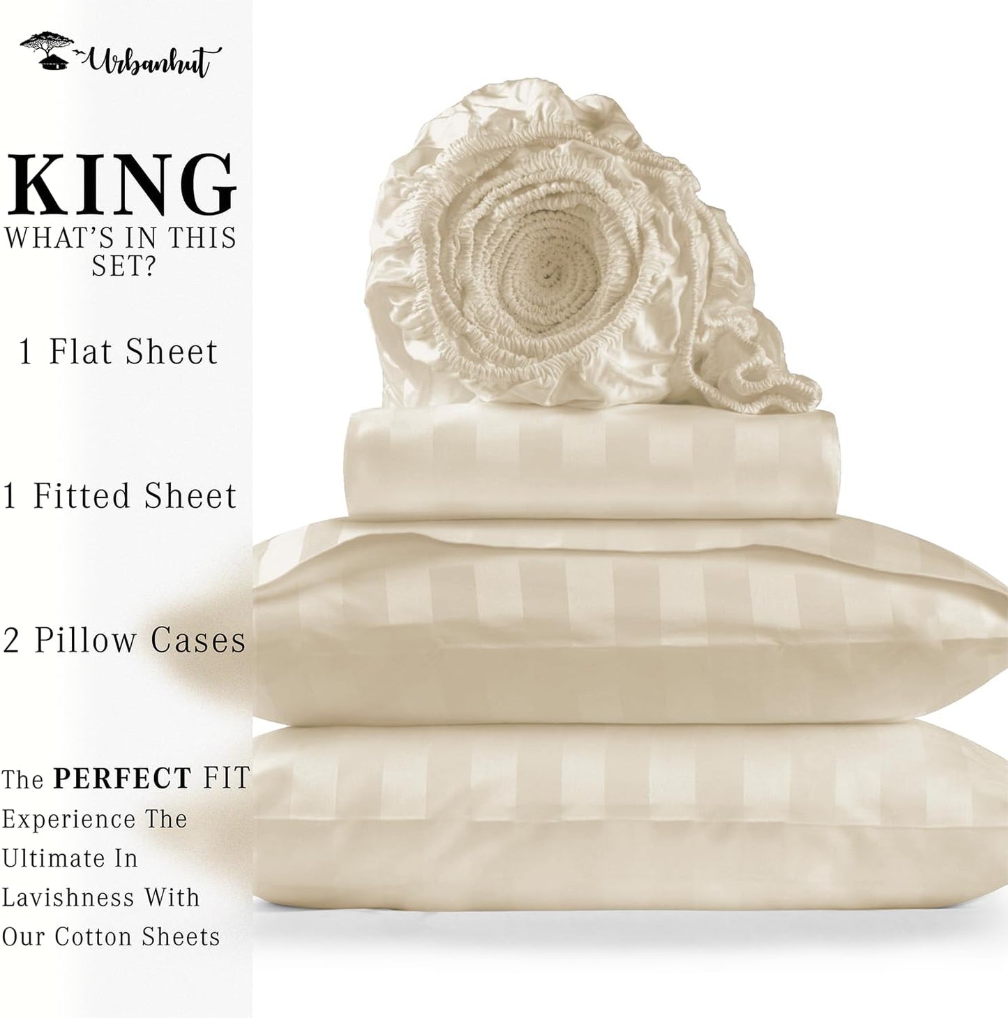 URBANHUT 1000 Thread Count Egyptian Cotton Damask Striped King Sheets, Long Staple Soft & Breathable, 4 Pc Bed Sheet Sets, Luxury Hotel Sateen Sheets Fits 16" Deep Pocket - Ivory