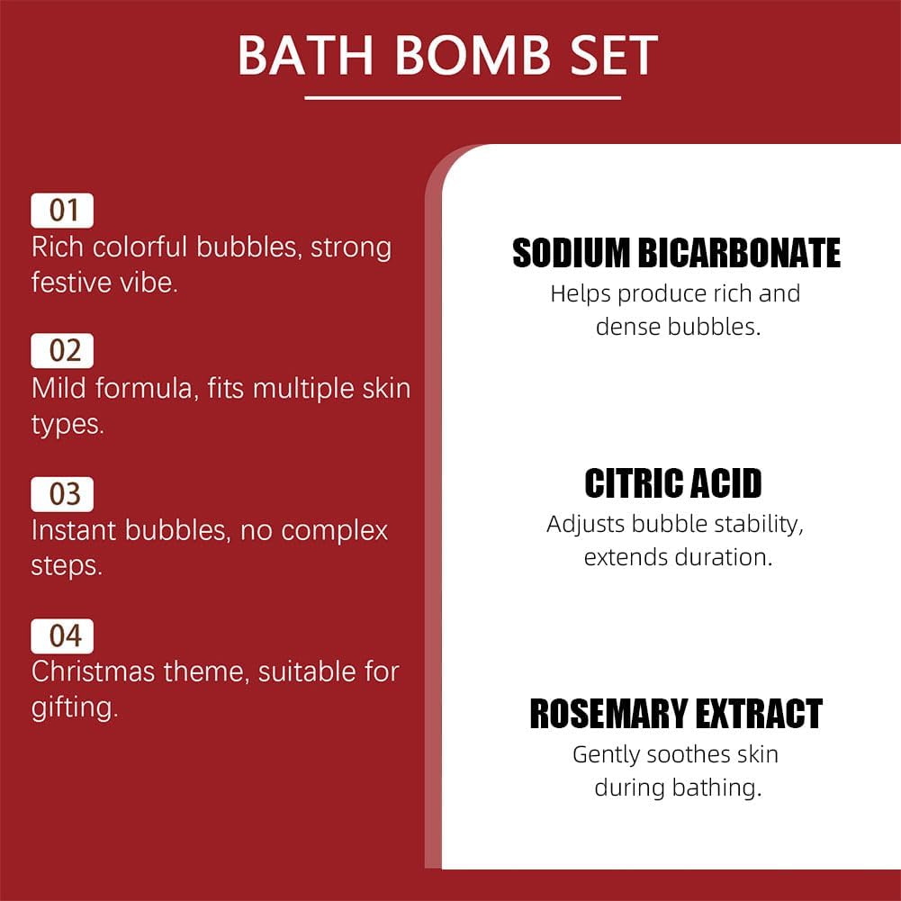 6 Pcs Christmas Bath Bombs Gift Set for Women,Handmade Natural Bath Bomb with Fizz Effect,Moisturizing and Soften Skin,Fruit & Flower Scents Skin Care Bathbombs for Stocking Stuffers Gift