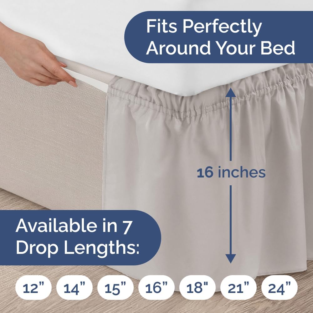 Wrap Around Dust Ruffle Bed Skirt - Light Grey - for Full Size Beds w/ 16 Inch Drop - Easy Fit Elastic Strap - Adjustable Pleated Bedskirt with Brushed Fabric, Wrinkle Free Women, Men, Kids and Teens