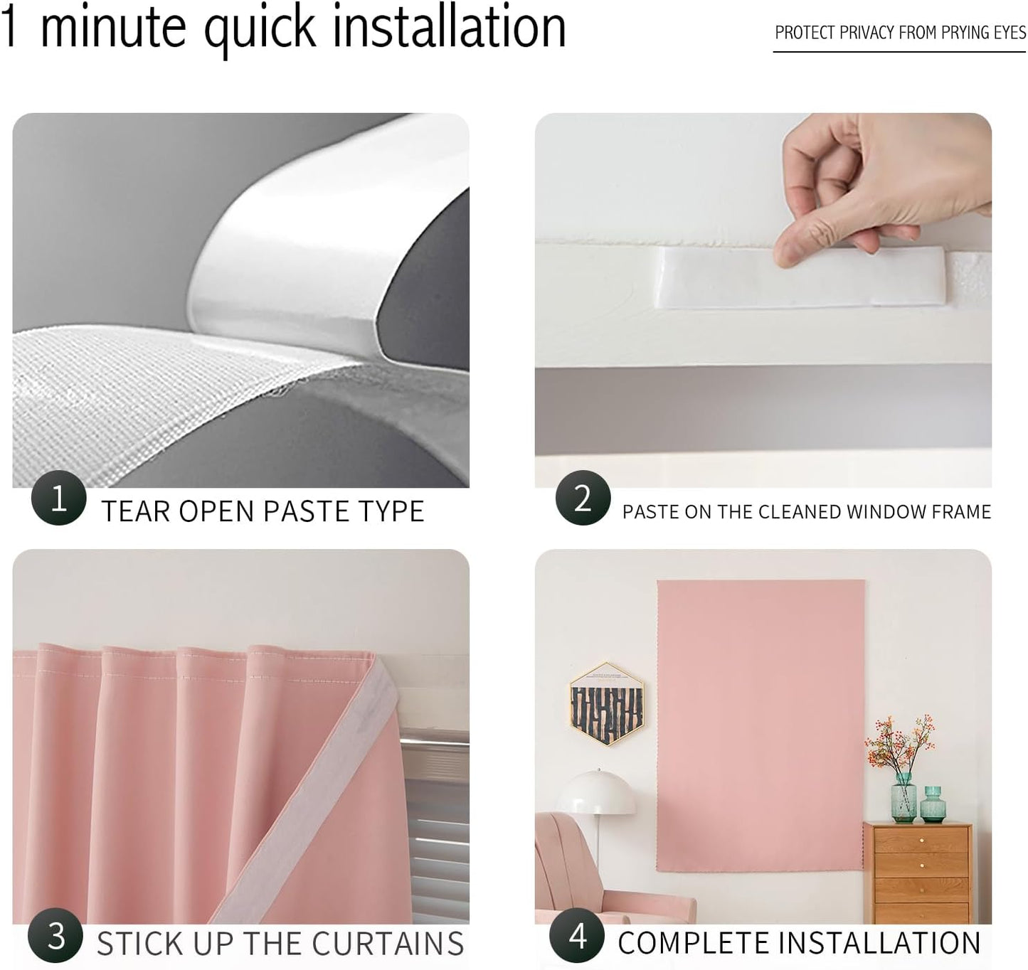 Self Adhesive Curtains, Stick Curtain Blackout Shades Window Cover Curtains for Living Room No Drilling, 47" W X 84" L, Pink, 1 Panel