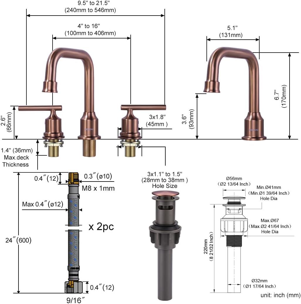 WOWOW Widespread Bathroom Faucet 3 Holes Bathroom Sink Faucet 2 Handle Vanity Faucet with Pop up Drain and Supply Lines Farmhouse Basin Tap 8 Inch Rose Gold