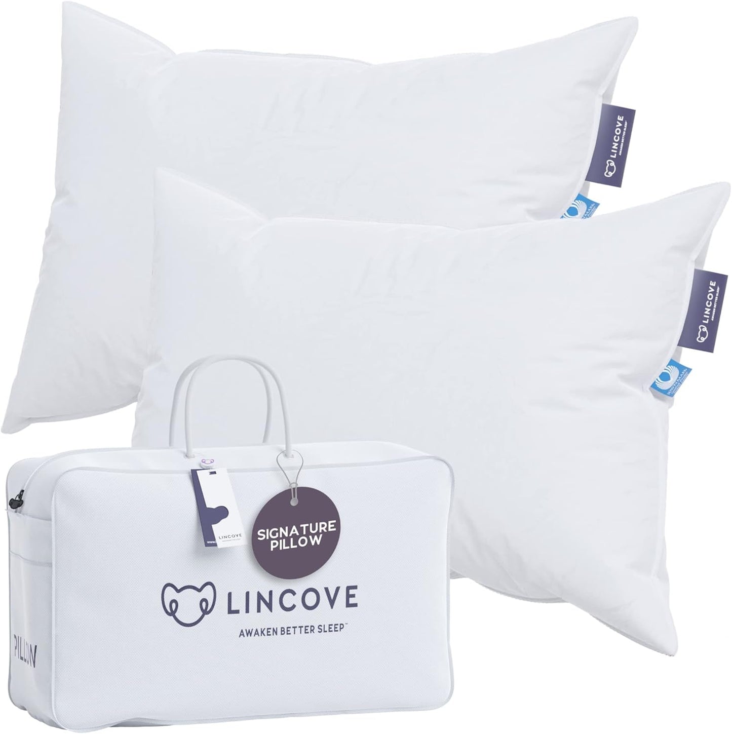 Lincove Signature 100% Natural Canadian White Down Luxury Sleeping Pillow - 800 Fill Power, 500 Thread Count Cotton Shell, Made in Canada, Queen - Soft, 2 Pack