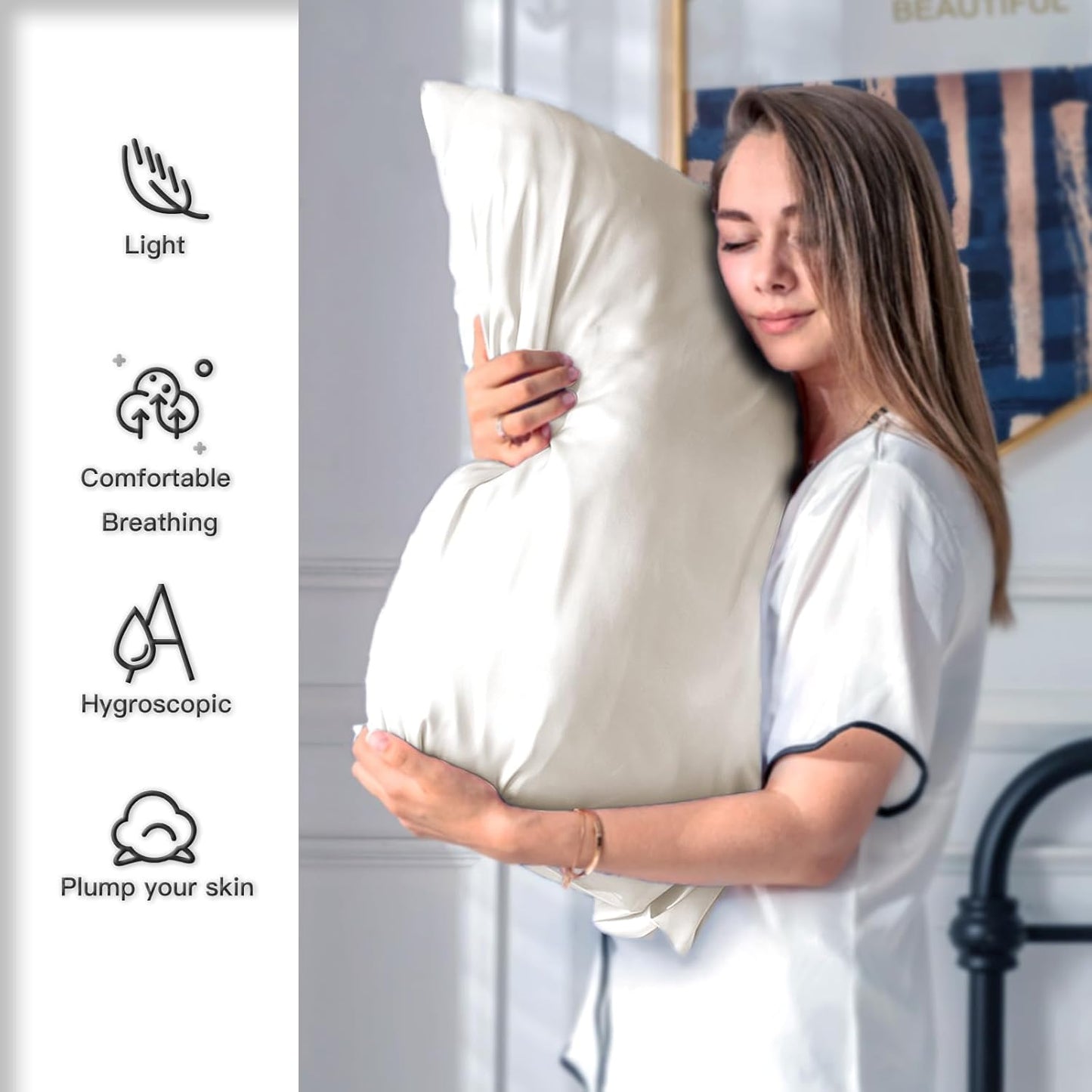 Silk Pillow Cases 2 Pack Soft Breathable and Sliky Queen Size Pillow Cases Set of 2,Natural Mulberry Satin Silk Pillowcase with Hidden Zipper for Hair and Skin (Beige,20"X 30",2pcs)