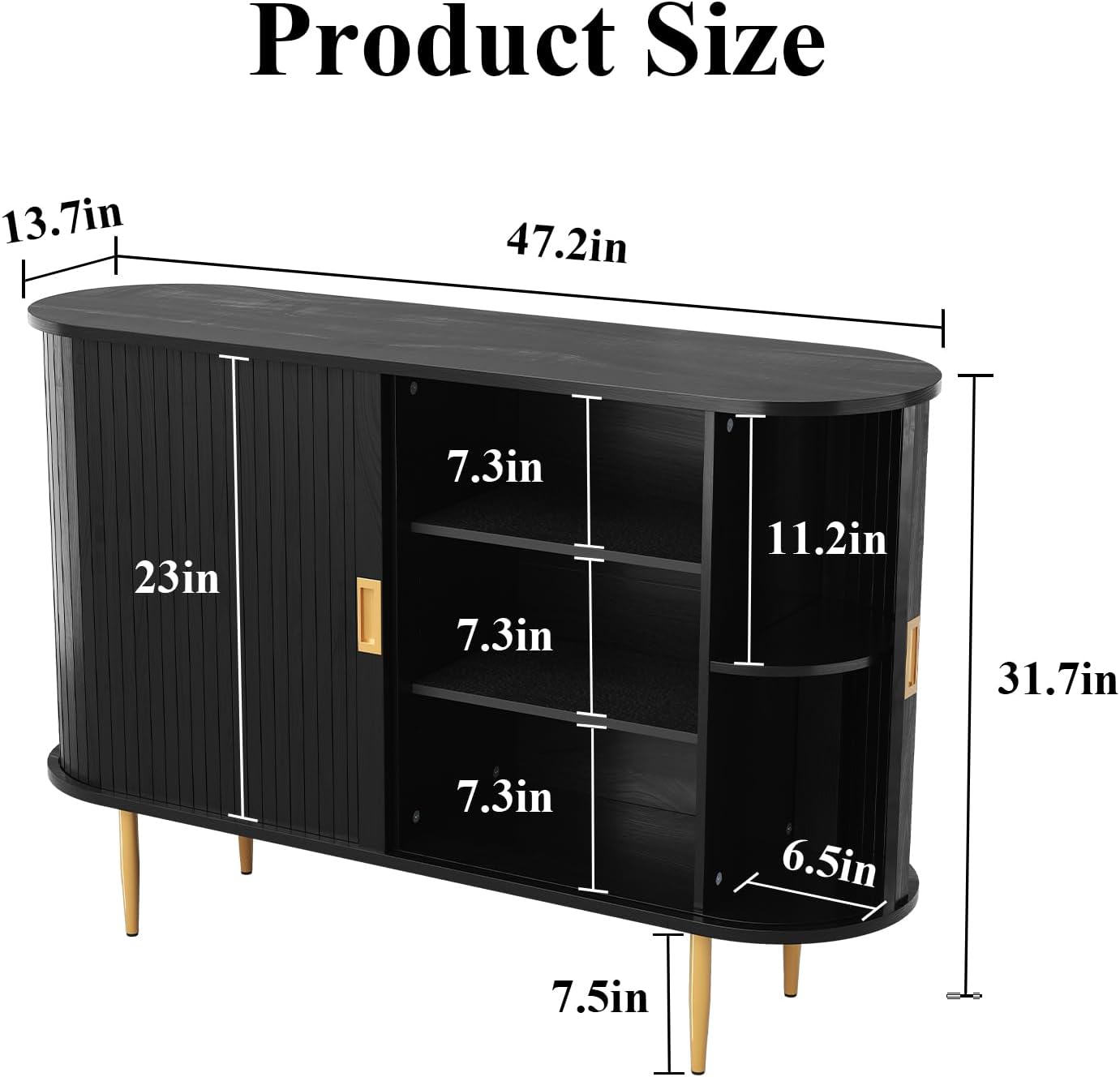ARTPOWER 47.2" Sideboard Buffet Cabinet with Tambour Door, 6 Heights Adjustable Shelves, Accent Console Cabinet with Storage, Modern Credenza for Living Room, Dining Room, Entryway, Black