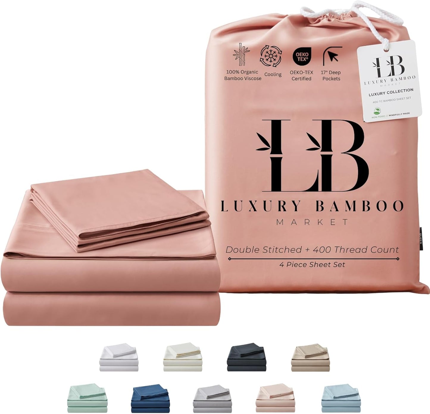 Luxury Bamboo Market | Queen Size Bed Sheet Set | 100% Viscose Made from Bamboo | Organically Grown | Ultra Soft | Cooling Sheets for Hot Sleepers | 17" Deep Pocket [Rose Quartz]