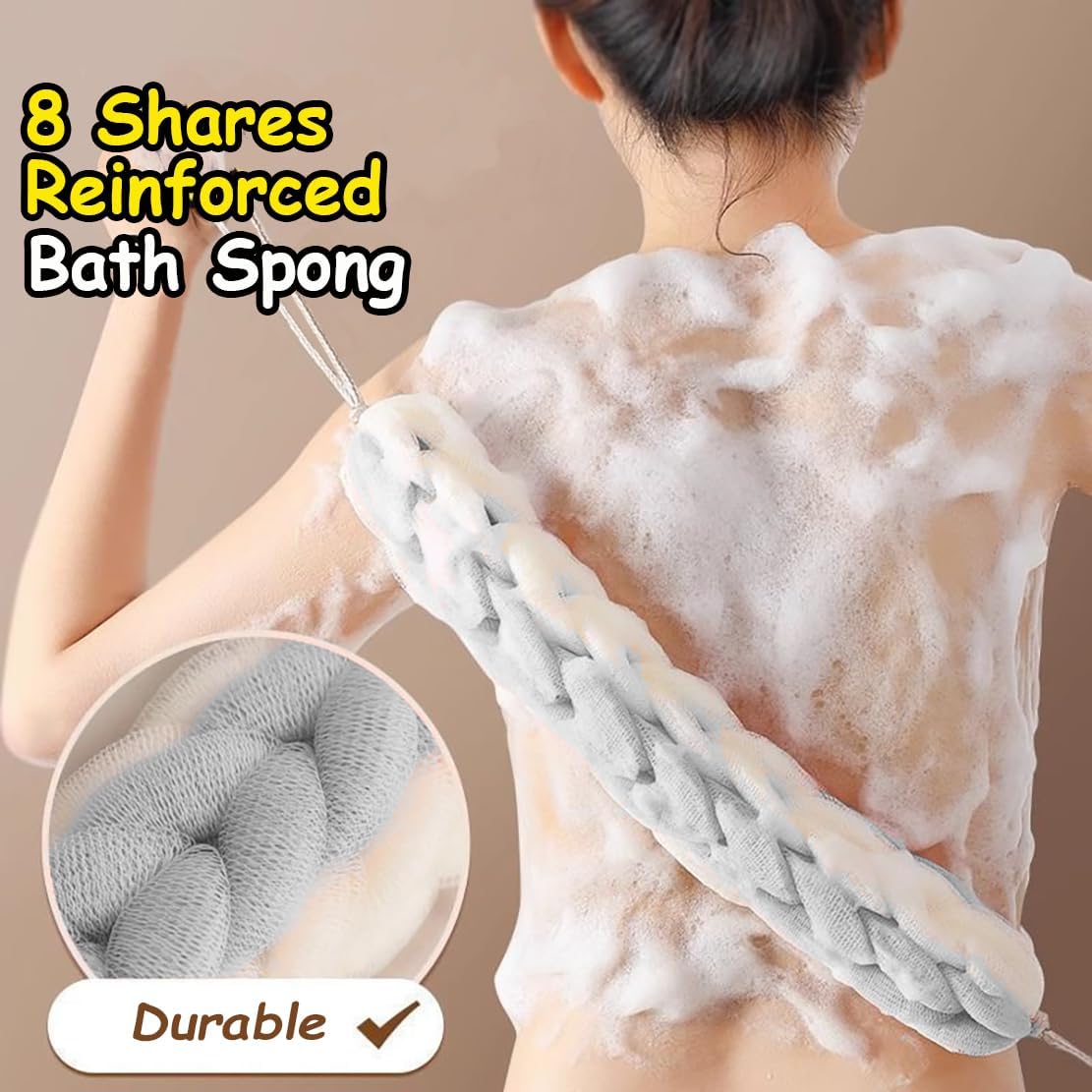 AARAINBOW 2 Packs Upgraded Long Stretch Back Sponge with Rope Handles Back Scrubber Bath Shower Mesh Sponge Exfoliating Body Scrub Stretch Braided Loofah for Men Women Loofah Rope (2 Gray)