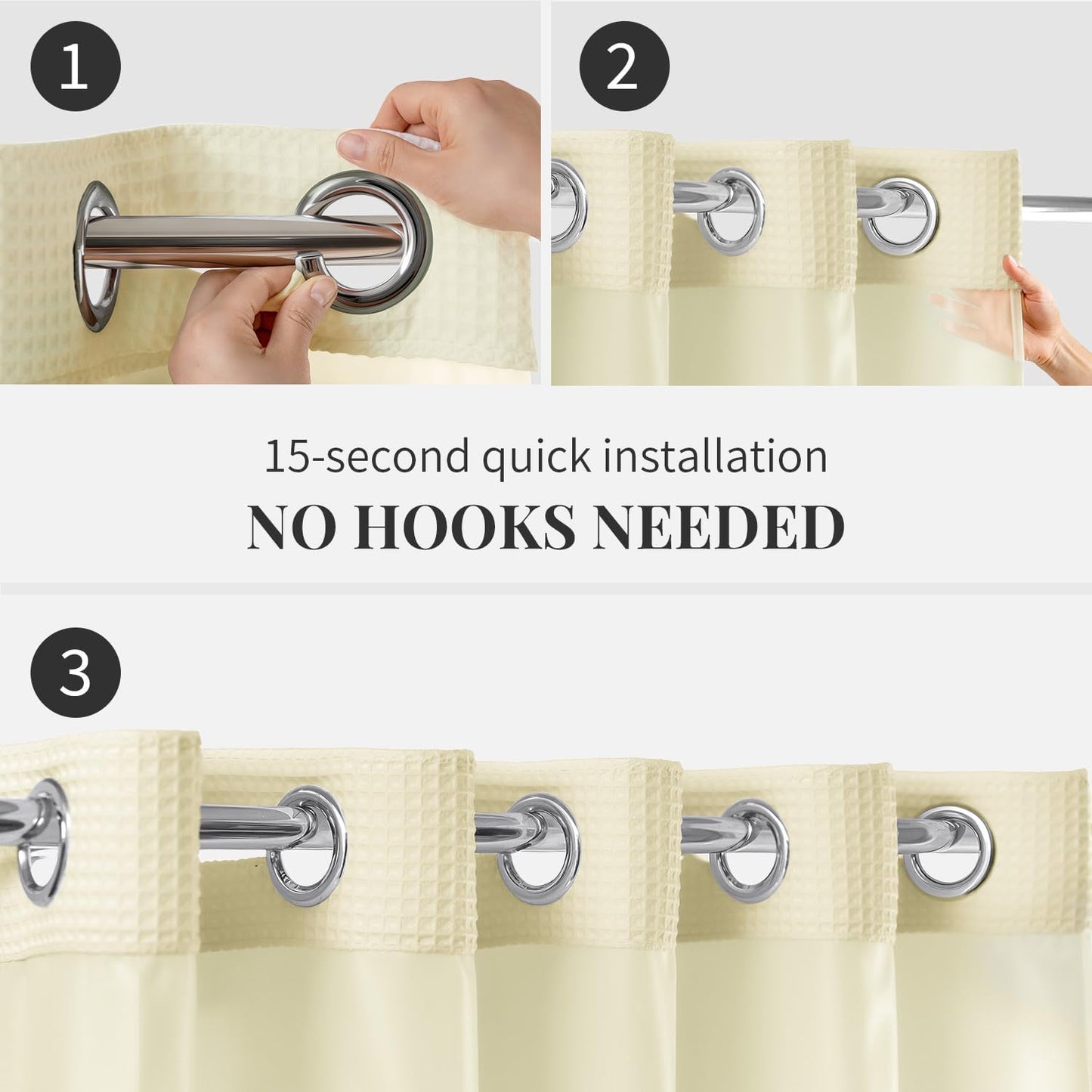 River Dream Cream Fabric Shower Curtain Set, Cotton Blend, Waffle Weave, with Snap in Replacement Liner，54 x 80 inches