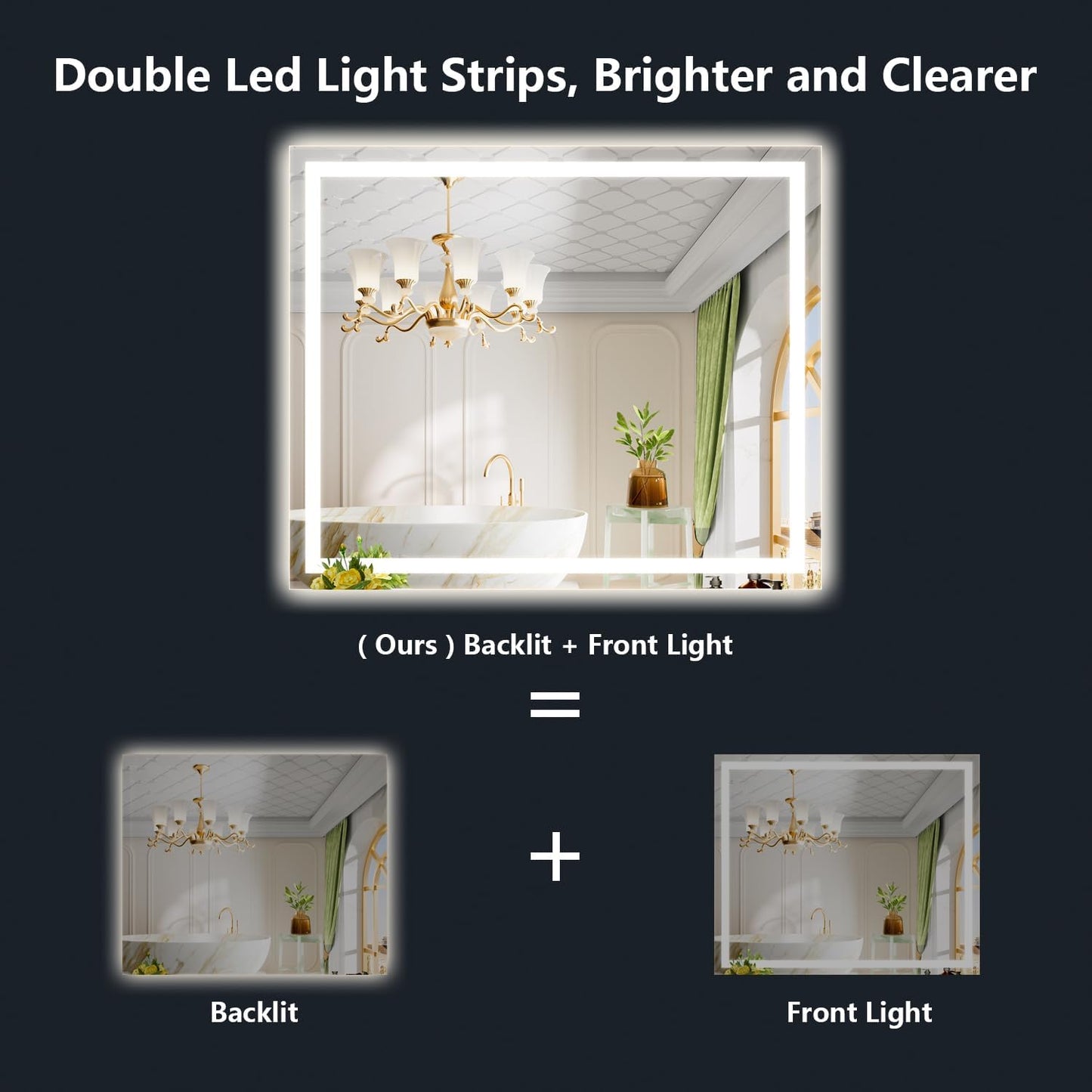 48x40 Inch LED Bathroom Mirror with Lights Front and Backlit Lighted Vanity Mirror for Bathroom Wall with 3 Colors Dimmable Anti-Fog Memory Tempered Glass Horizontal/Vertical