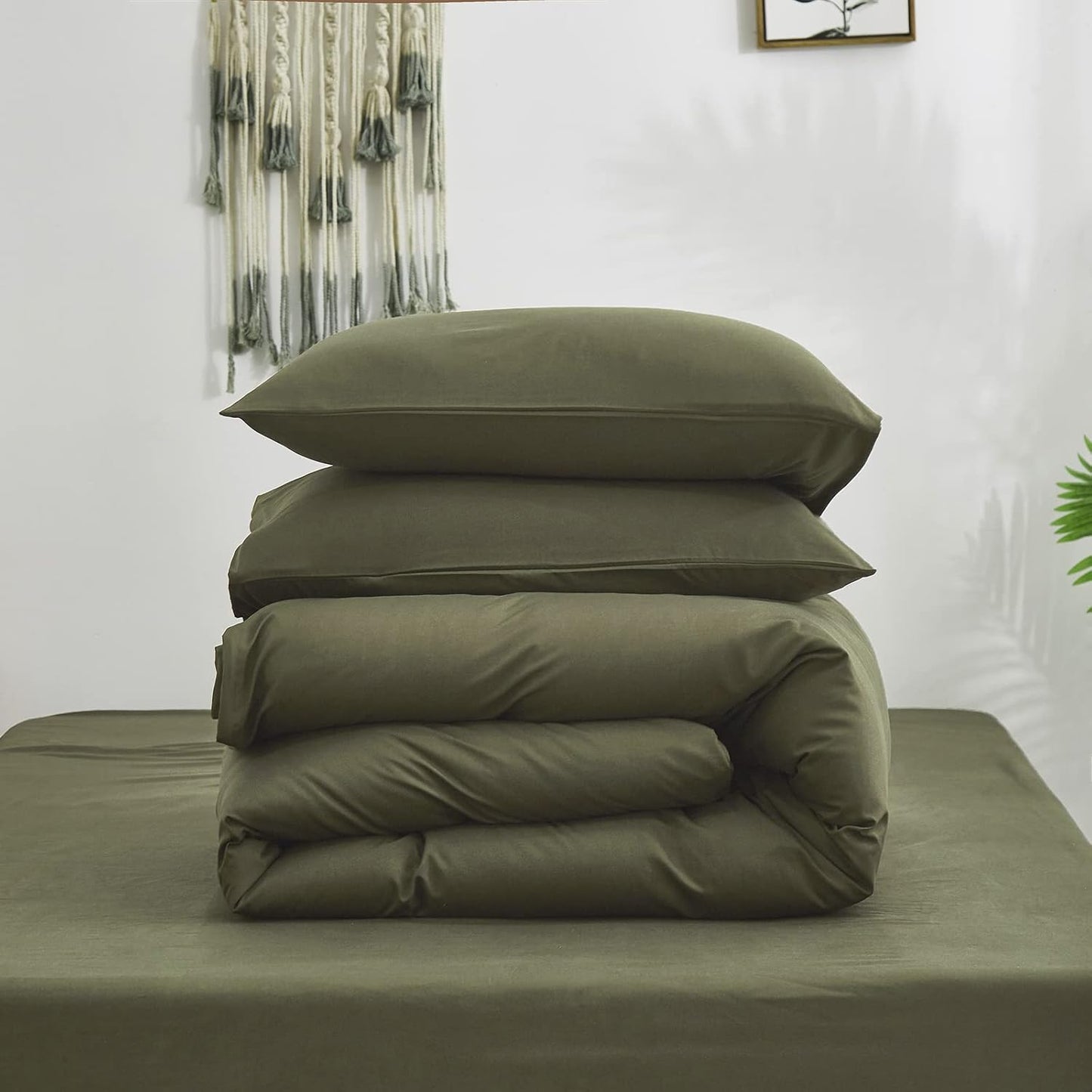 Cottonight Green Comforter Set Full Olive Green Bedding Set Plain Solid Color Blanket Quilts Modern Soft Breathable 3 Piece Classic Comforter Set for Full Bed