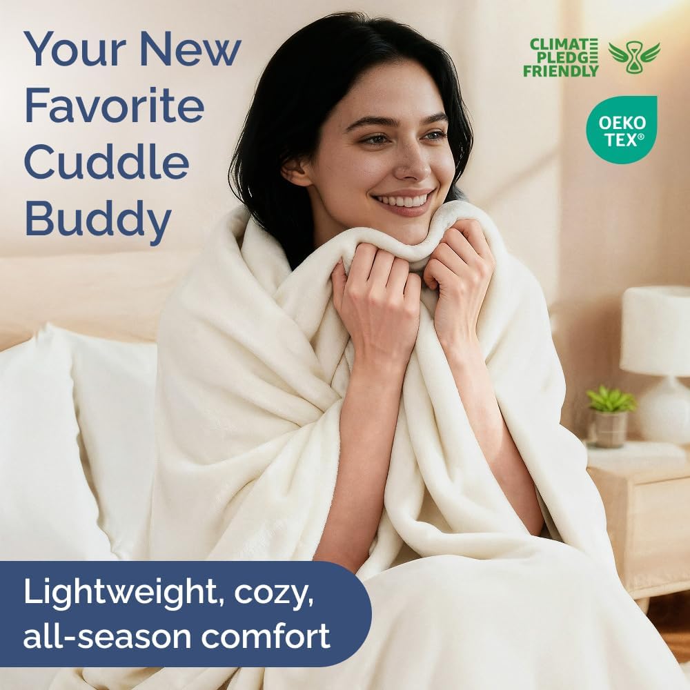 Ultra Soft Fleece Blanket Queen Size - Flannel Fleece Luxury Queen Blanket - Lightweight for Couch Bed Chair - Thick, Warm and Breathable - All Season Cozy Fuzzy, Anti-Static Microplush Bedding, Ivory