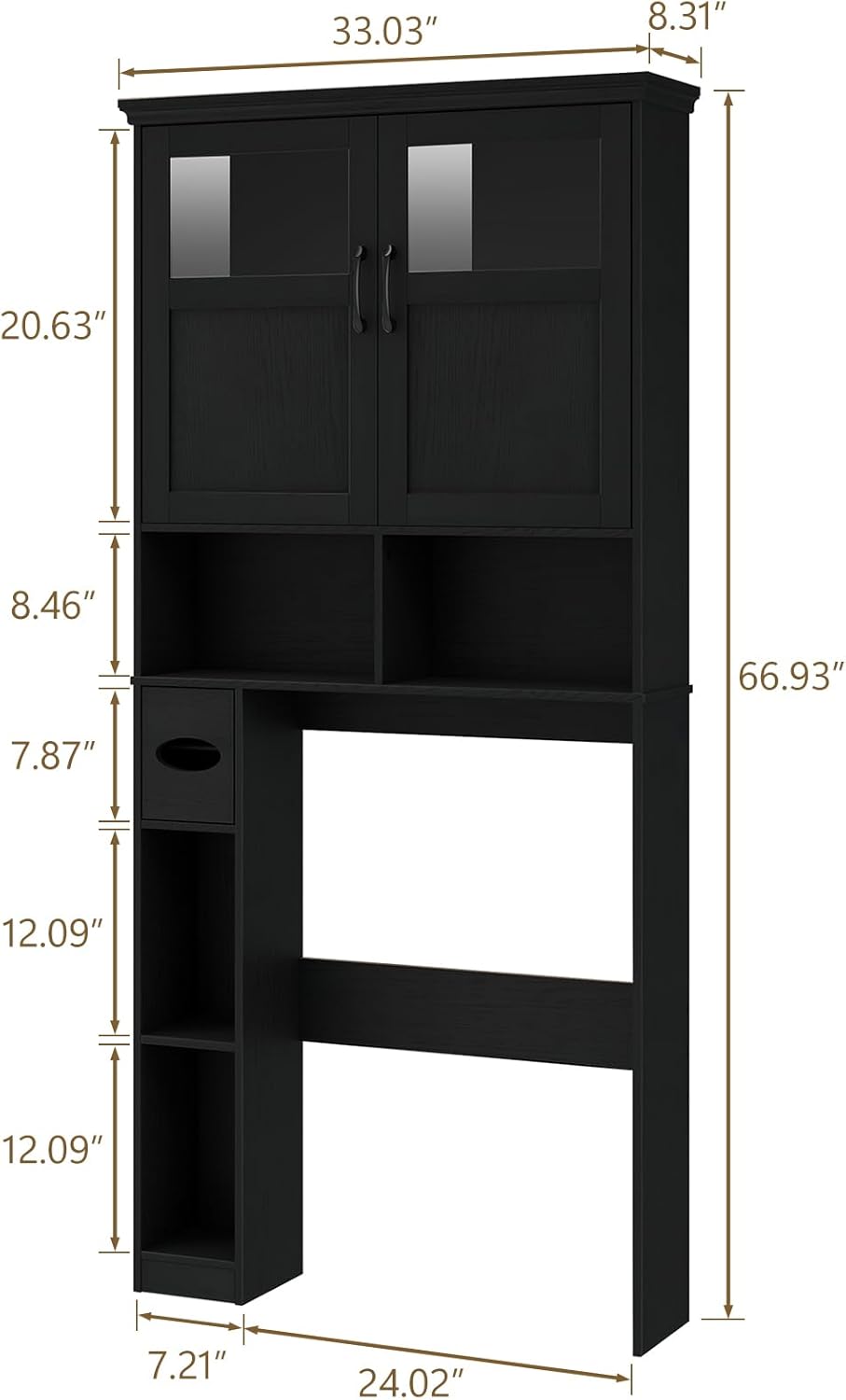 Vabches Over The Toilet Storage Cabinet, Storage Cabinet Over Toilet with Double Doors & Toilet Paper Holder Stand, Freestanding Toilet Shelf Space Saver with Anti-Tip Design & Adjustable Shelf, Black
