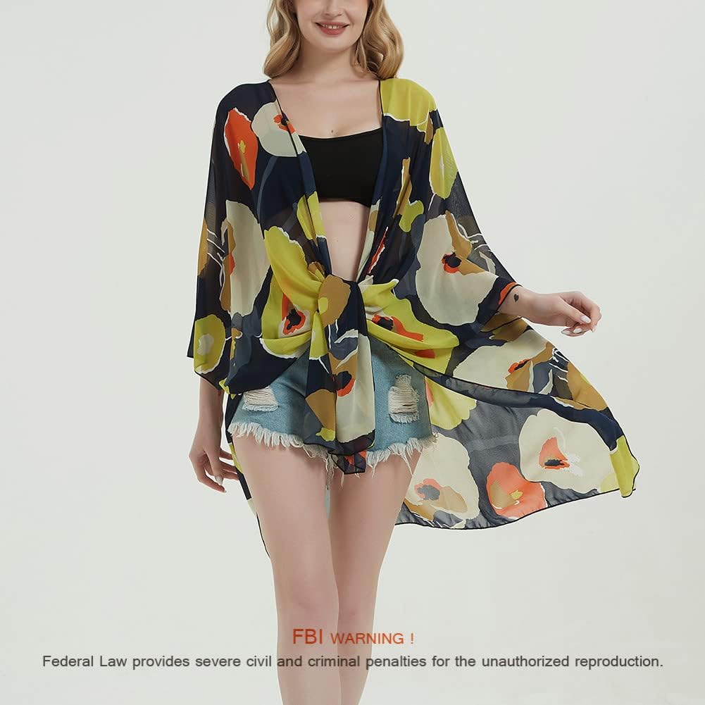 Women's Bohemian Floral Chiffon Beach Cover up Swimsuit Kimono Summer Swimwear Cardigans