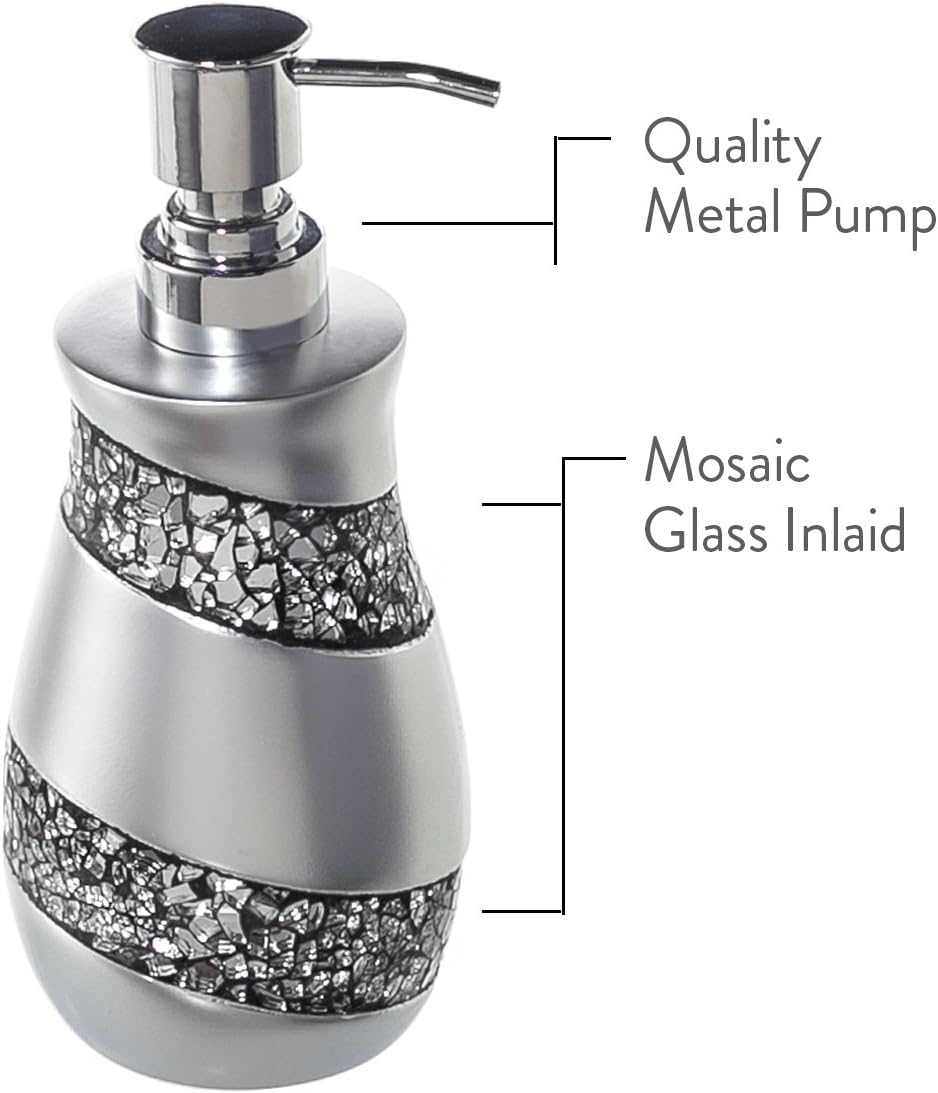Creative Scents Silver Bathroom Accessory Set - Mosaic Glass Bathroom Soap Dispenser Set; 4-Piece Bathroom Set Includes: Lotion Dispenser, Toothbrush Holder, Tumbler & Soap Dish - Gift Packaged