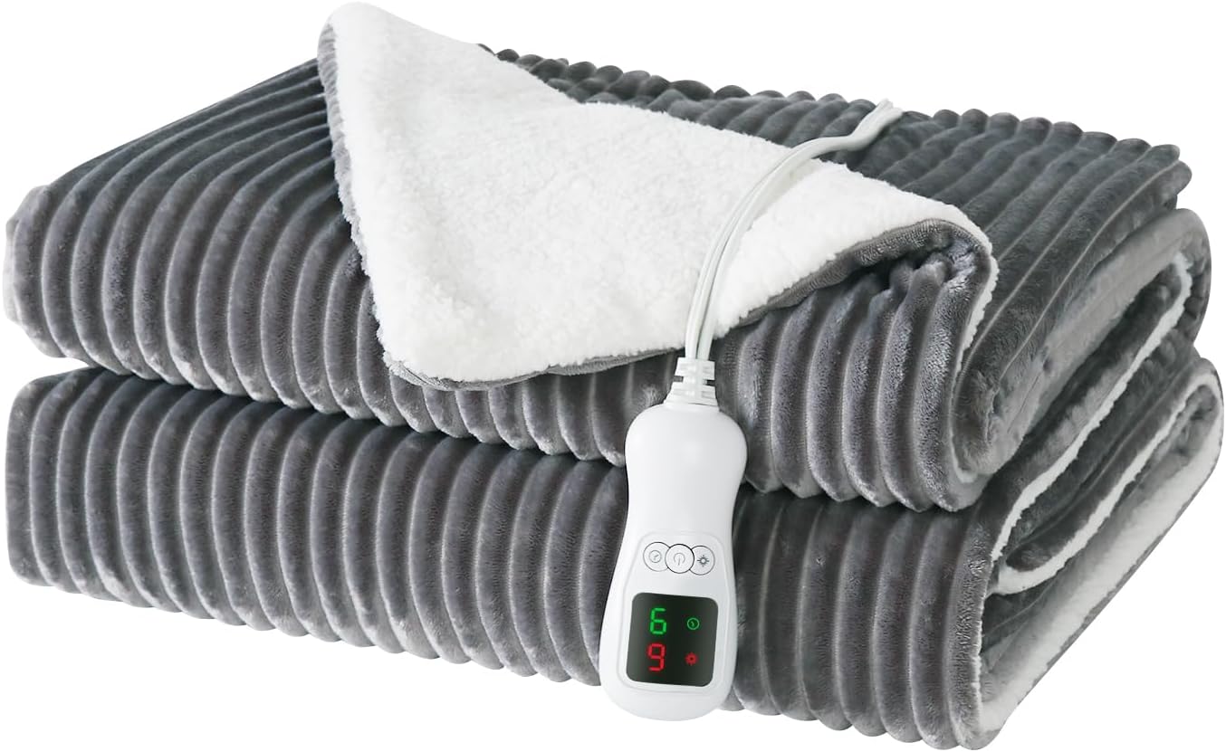 Electric Heated Blanket Throw Size, Washable Blanket Warmer for Home for Adults, Fast Heating Super Cozy Soft Flannel 50" x 60", 9 Heat Levels, 1-9H Auto-Off, ETL Certified, Silver
