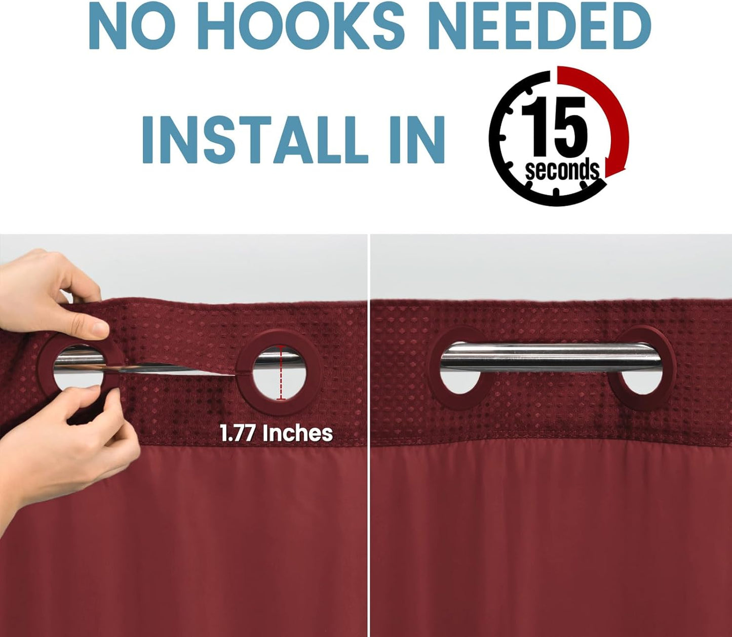 Burgundy No Hook Shower Curtain with Snap in Liner,230GSM Waffle Weave Shower Curtains for Bathroom,71W x 74H