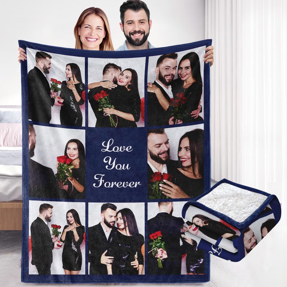 Custom Sherpa Fleece Blanket with Photos and Text - Soft Warm Fuzzy Personalized Couples Gift for Boyfriend Girlfriend - Customized Picture Blanket for Birthday Anniversary Christmas
