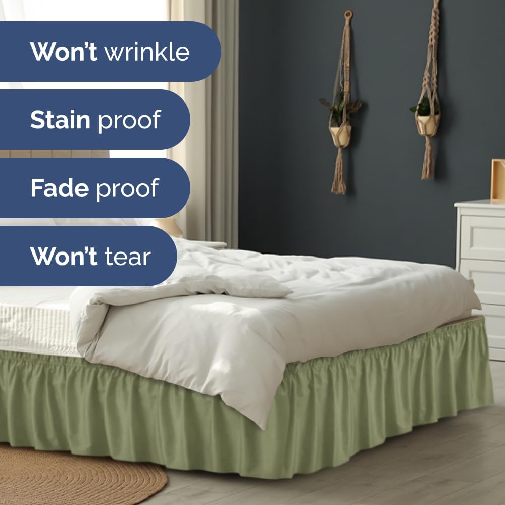 Wrap Around Dust Ruffle Bed Skirt - Sage Green - Twin/Twin XL Size Beds with 12 Inch Drop - Elastic Strap - Adjustable Pleated Bedskirt with Brushed Fabric and Wrinkle Free - Women, Men, Kids & Teens
