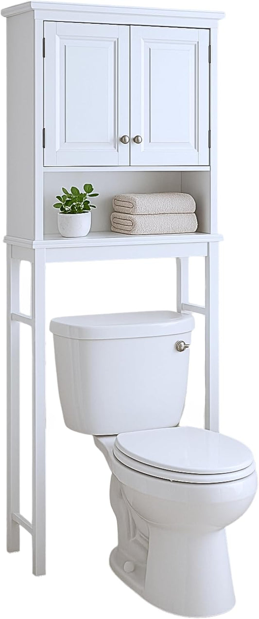 Alaterre Furniture Dorset Over-The-Toilet Storage Cabinet Set – Bathroom Organizer with Adjustable Shelf, Open Display Shelf, Zinc Hinges, and Nylon Floor Levelers (White)