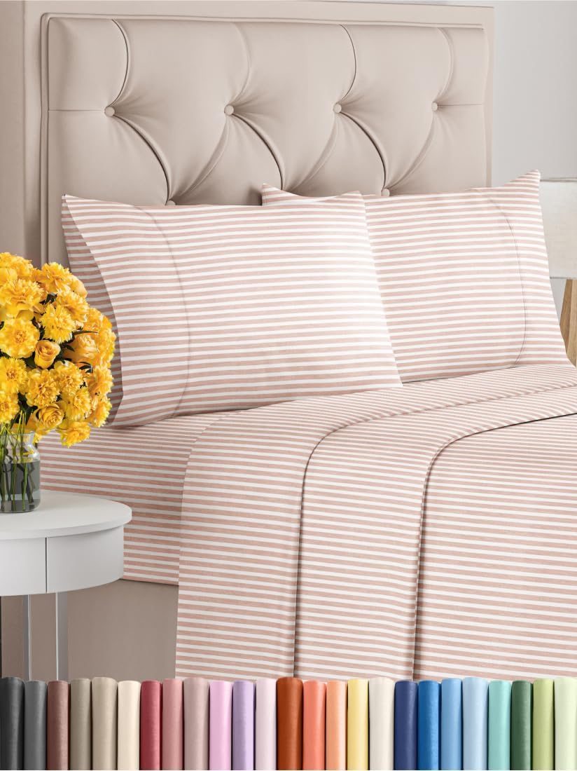 Queen Size 4-Piece Sheet Set - Extra Soft, Breathable & Cooling - Hotel Luxury Durable Bed Sheets - Deep Pockets, Easy-Fit & Wrinkle-Free - Blush Stripes Oeko-Tex