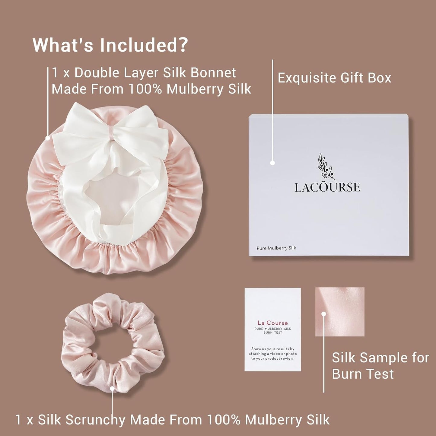 Non-Slip 100% Mulberry Silk Bonnet for Sleeping Women - Double Layer Silk Hair Wrap for Curly Hair, with Tie Bands to Secure the Cap (Pink+Ivory)