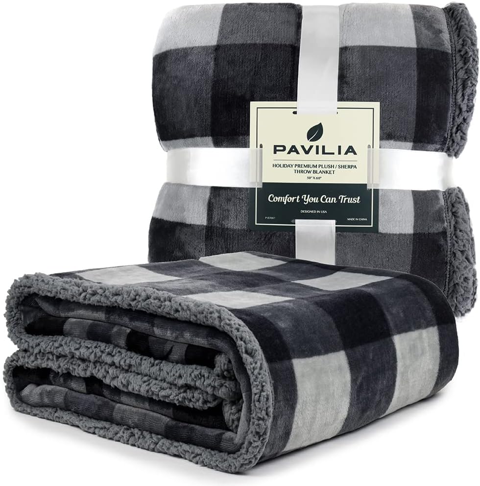 Pavilia Winter Cabin Sherpa Blanket Throw Twin | Flannel Fleece Christmas Plaid Holiday Blanket Gift | Plush, Soft, Warm, Cozy, Reversible Microfiber Throw 60x80 (Grey)