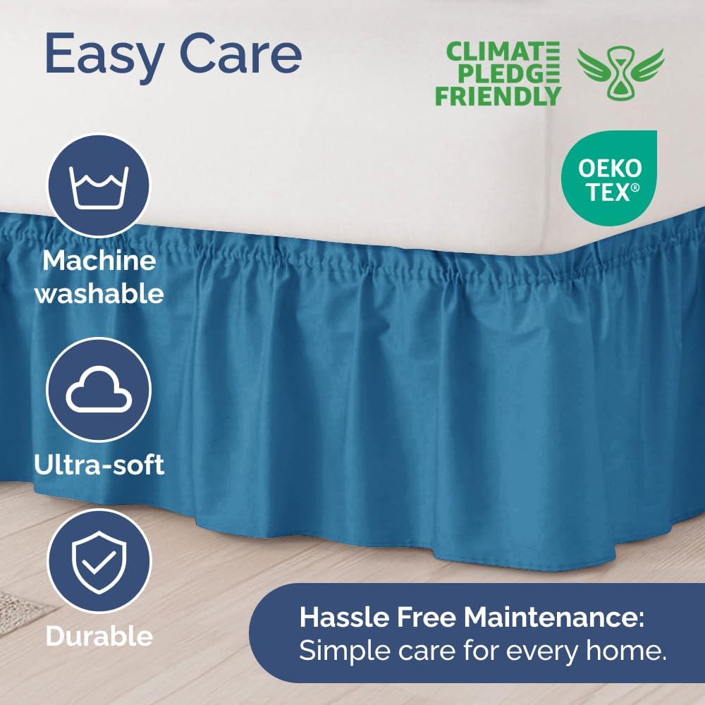 Wrap Around Dust Ruffle Bed Skirt - Denim Blue - for King Size Beds with 21 Inch Drop - Elastic Strap - Adjustable Pleated Bedskirt with Brushed Fabric and Wrinkle Free - for Women, Men, Kids & Teens