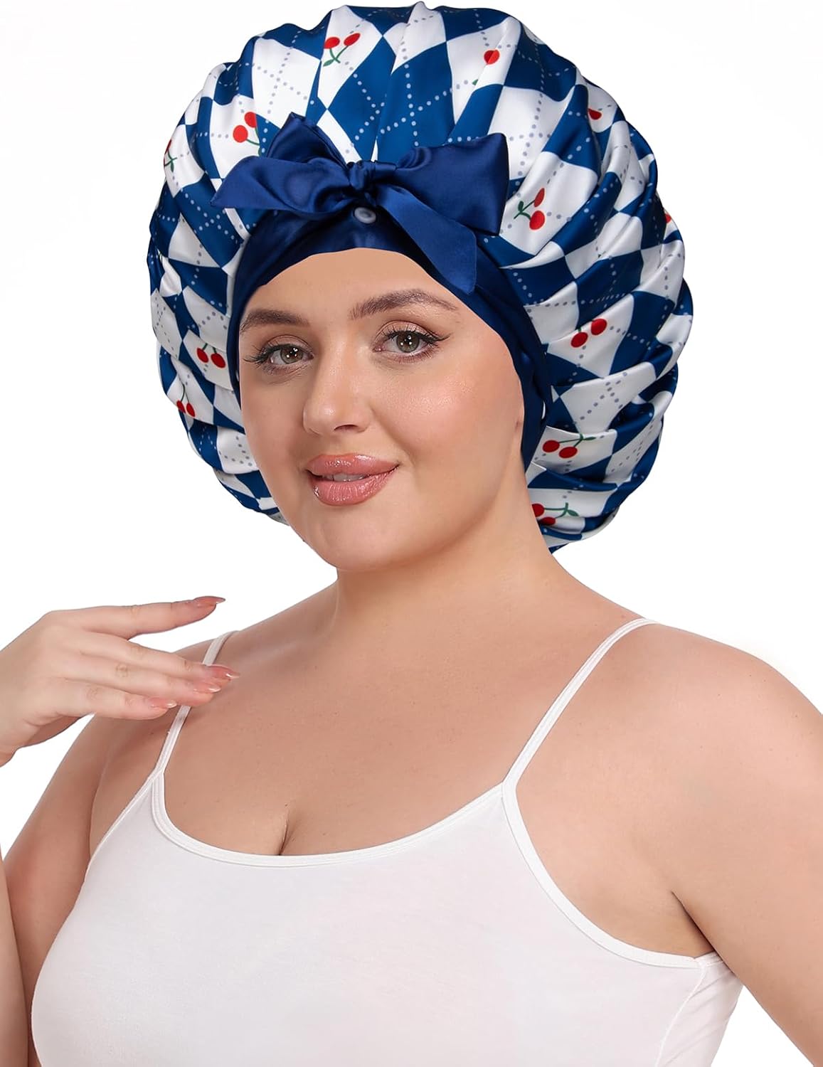 Pleated Silk Sleeping Bonnet with Eye Mask Double Layer Satin Hair Bonnets Sleep Cap for Curly Natural Hair