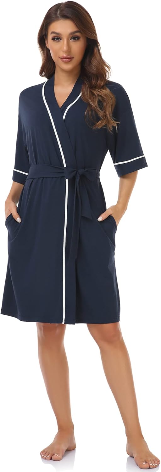 COLORFULLEAF Womens Bamboo Short Robes Lightweight Kimono Cotton Robe Soft Knit Bathrobe Ladies Loungewear with Pockets