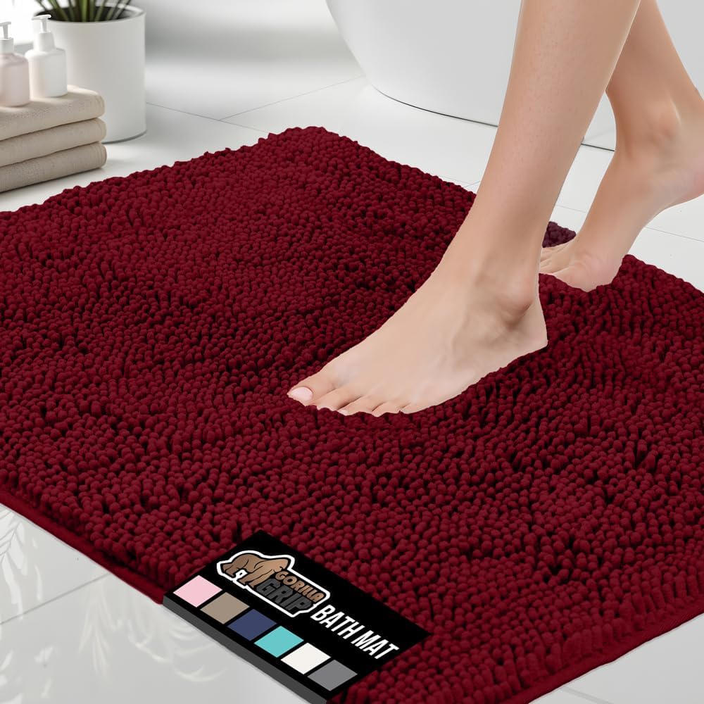 GORILLA GRIP Bath Rug Mat, Soft Absorbent Chenille, Quick Dry Microfiber Mats, Rubber Backing Washable Shower Floor Rugs, Bathmat Runner, US Designed Bathroom Home Decor Accessories 24x17, Burgundy
