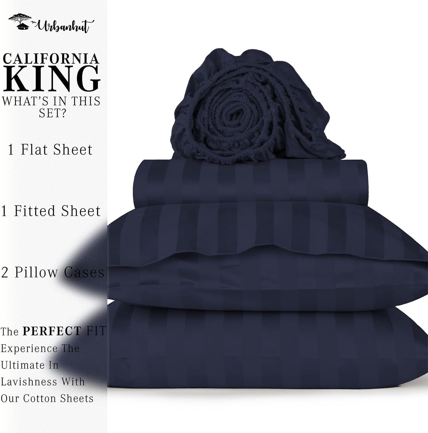 URBANHUT 1000 Thread Count Damask California King Sheet Set Egyptian Cotton Sheets, Long Staple Soft & Breathable, 4 Pc Bed Sheet Sets, Luxury Hotel Sateen Sheets Fits 16" Deep Pocket - Navy Blue