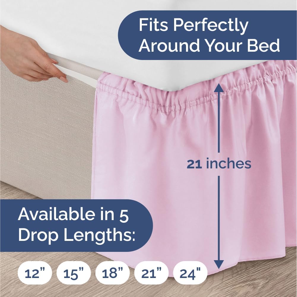 Wrap Around Dust Ruffle Bed Skirt - Light Pink - for Queen Size Beds with 21 Inch Drop - Elastic Strap - Adjustable Pleated Bedskirt with Brushed Fabric and Wrinkle Free - For Women, Men, Kids & Teens