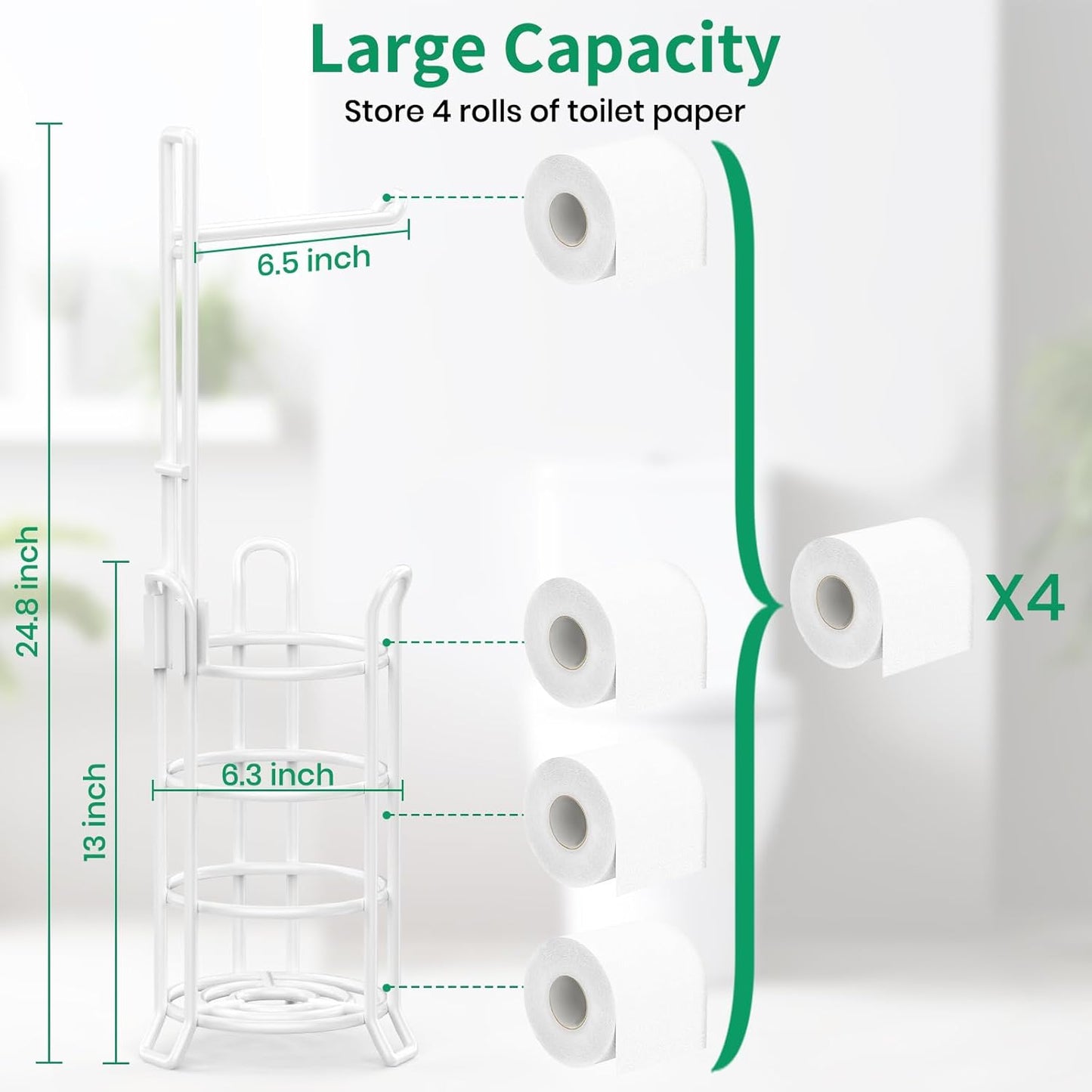TomCare Toilet Paper Holder Toilet Paper Stand and Dispenser for 4 Mega Rolls Metal Wire Free Standing Toilet Tissue Paper Roll Storage Shelf Bathroom Accessories Storage Organizer White
