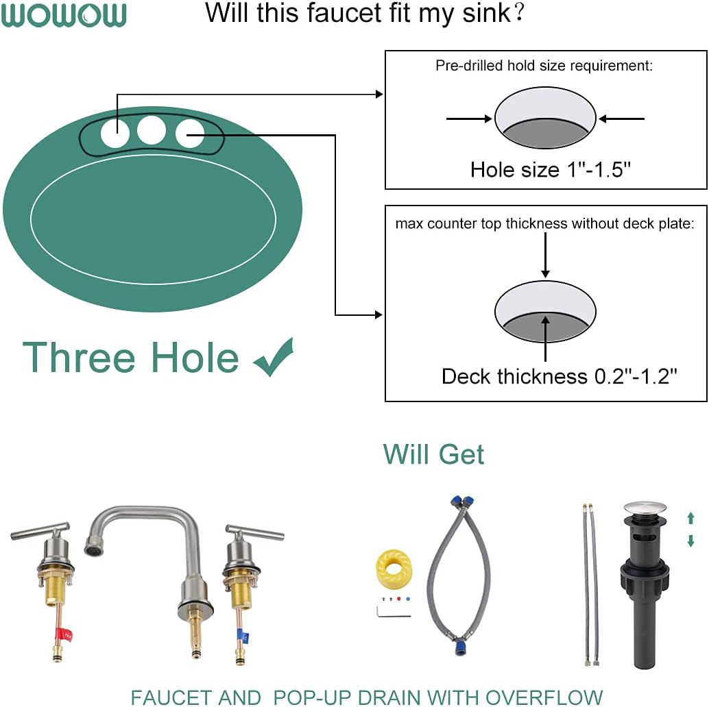 WOWOW 2 Handles 8 inch Widespread High Arc Bathroom Faucet Brushed Nickel Lavatory Faucet 3 Hole 360°Swivel Spout Modern Sink Basin Faucets