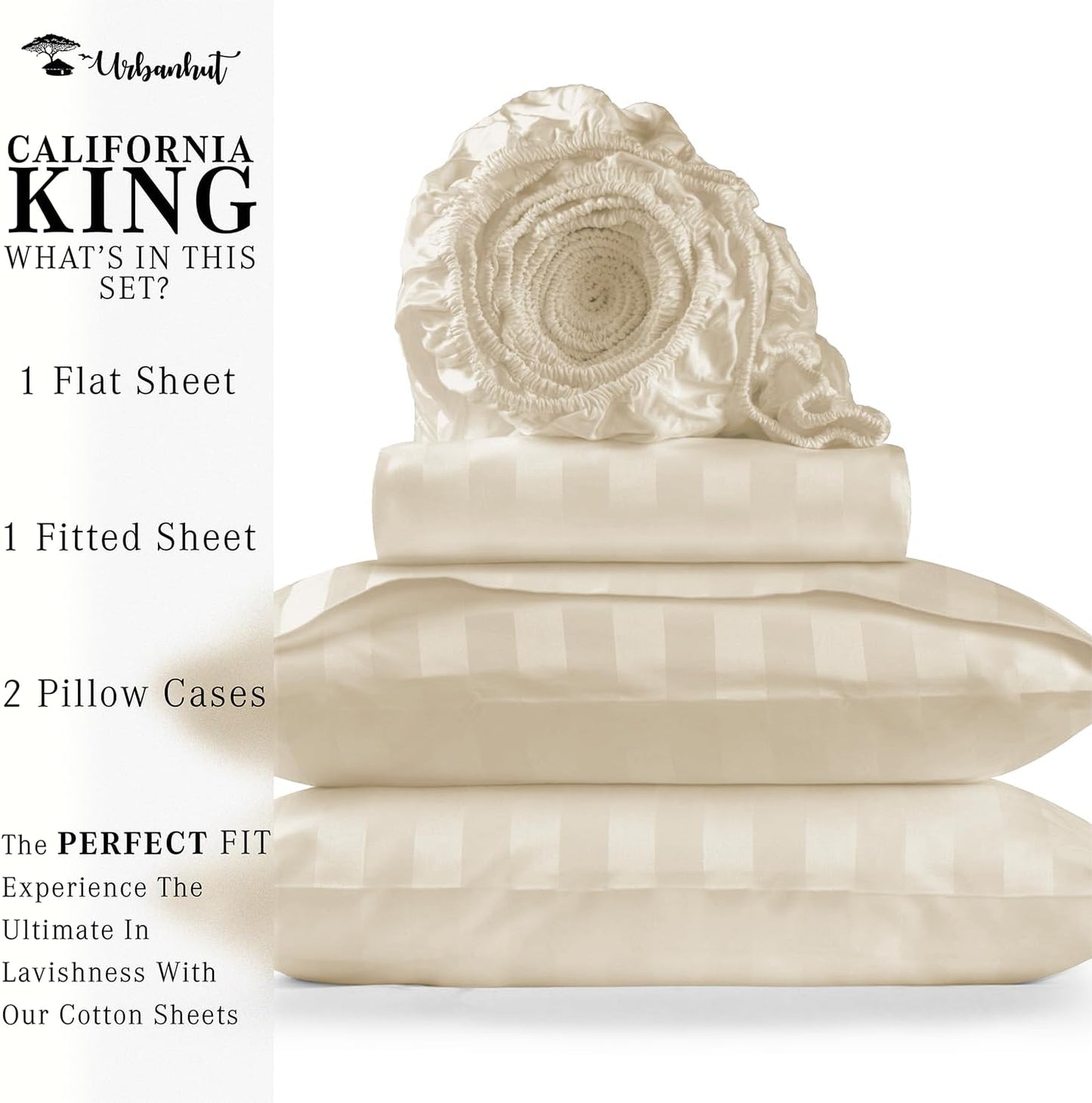 URBANHUT 1000 Thread Count Egyptian Cotton Damask Striped California King Sheets, Long Staple Soft & Breathable, 4 Pc Bed Sheet Sets, Luxury Hotel Sateen Sheets Fits 16" Deep Pocket - Ivory