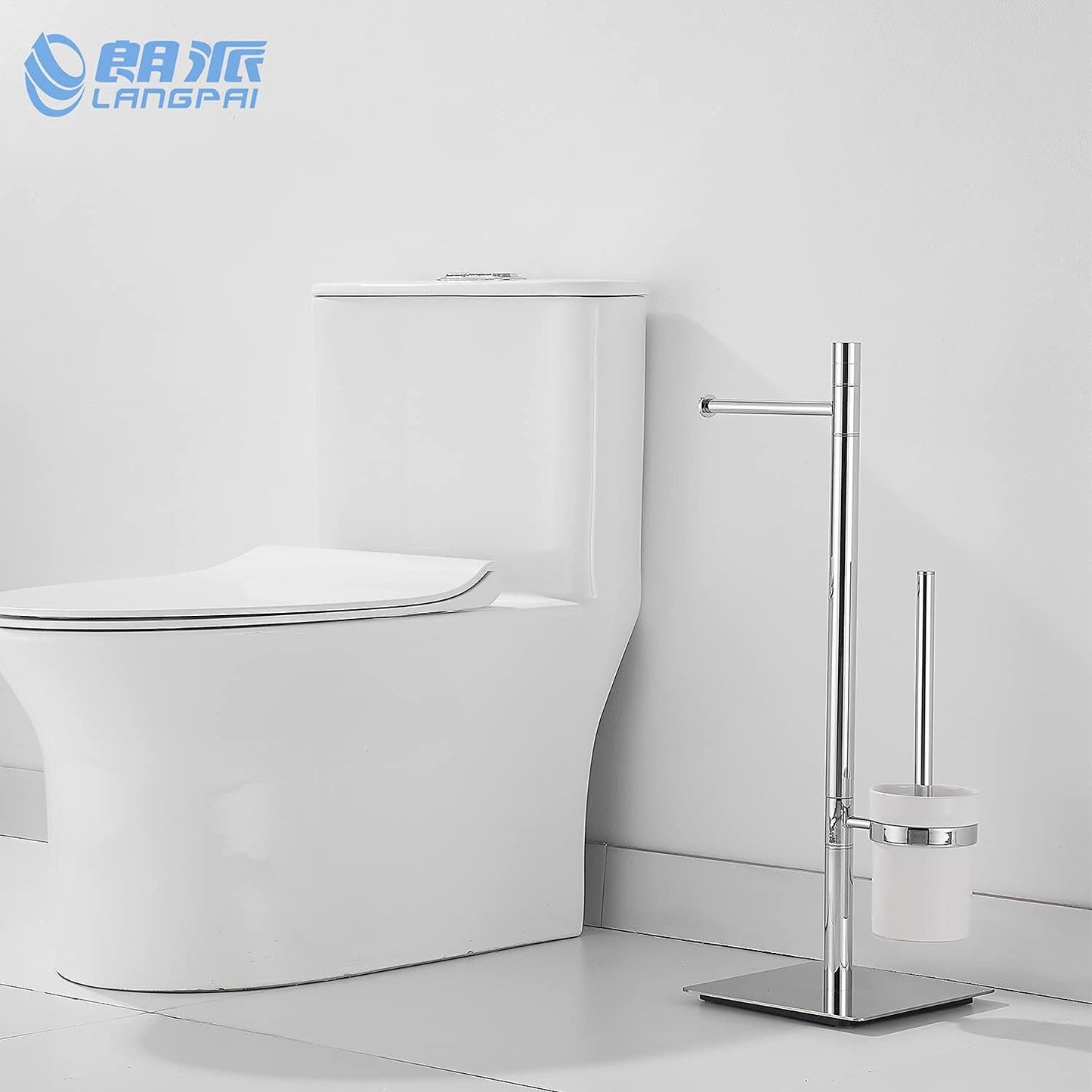 Freestanding Toilet Brush and Paper Holder Set Superior Hotel Luxury Style Join Roll Paper and Toilet Brush Non-Skid Sturdy Floor Stand Brass Chrome with White Ceramic Cup