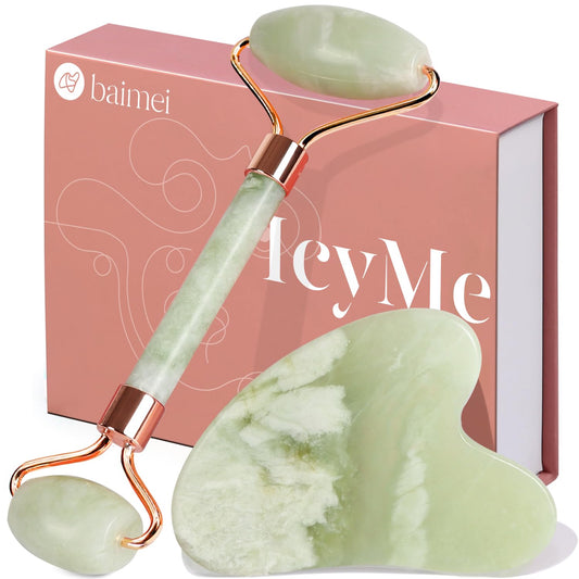 BAIMEI IcyMe Jade Roller & Gua Sha Set Face Roller and Gua Sha Facial Tools for Skin Care Routine and Puffiness, Self Care Gift for Men Women - Light Green
