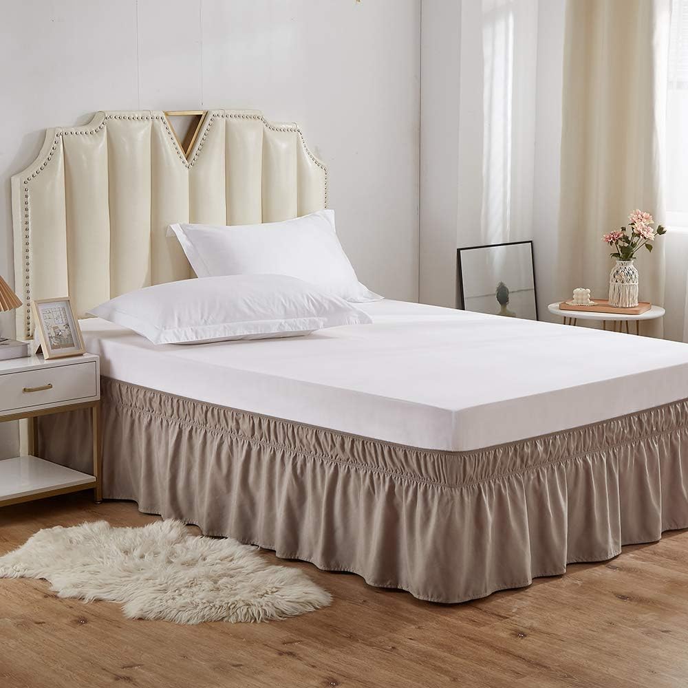 MEILA Wrap Around Bed Skirt Three Fabric Sides Elastic Dust Ruffled 16 Inch Tailored Drop,Easy to Install Fade Resistant-Taupe, Twin/Full