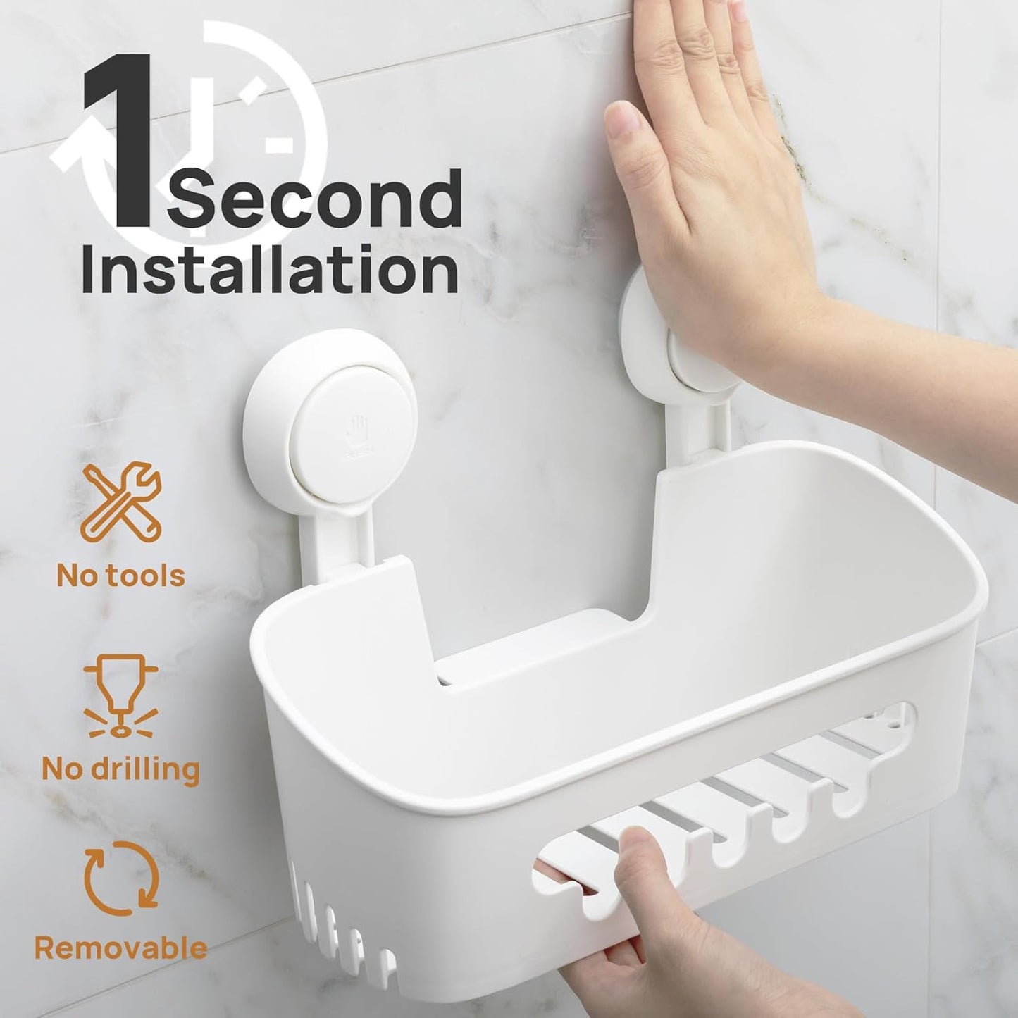 LEVERLOC Shower Caddy Suction Cup, Shower Organizer Removable Bathroom Shelf, Storage Suction Powerful Max Hold 22lbs Bathroom Caddy Waterproof Holder, White