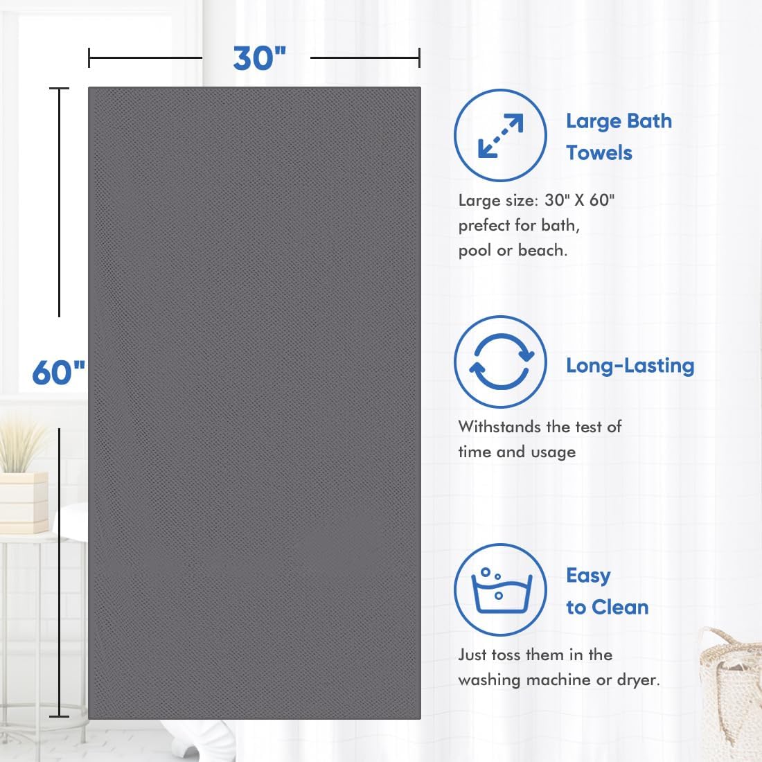 HOMEXCEL Bath Towel Set Pack of 4, 30 x 60 Inches Large Microfiber Bath Towels, Soft, Absorbent, and Quick Dry Towels for Bathroom, Pool, Beach, Swim, and Yoga, Large Bathroom Towels, Grey