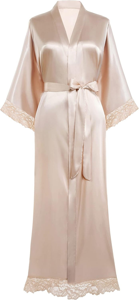 BABEYOND Satin Kimono Robe Silky Long Bridesmaid Wedding Lightweight Bath Robe with Lace Trim
