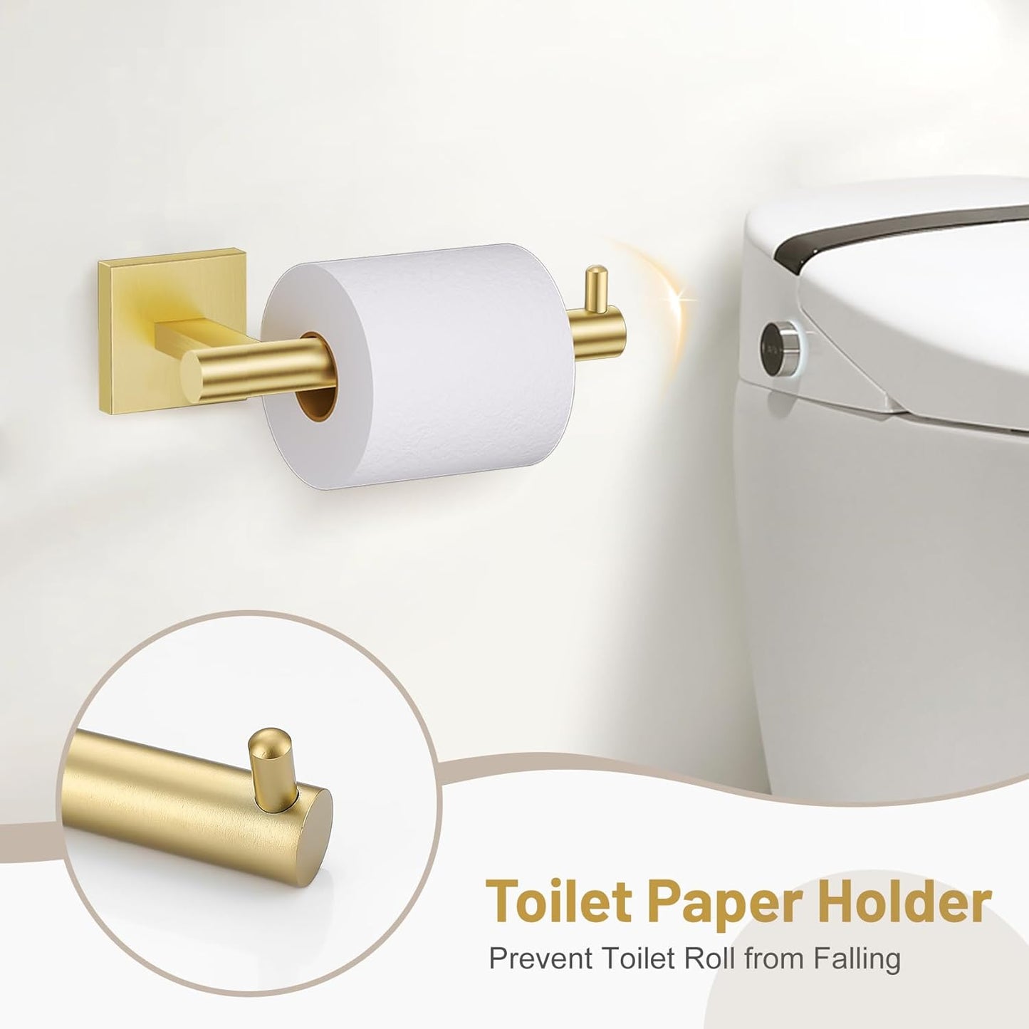 5 Pieces Bathroom Hardware Set Brushed Gold Towel Bar Set Includes 23.6” Towel Bar, Towel Ring Holder, Toilet Paper Holder and Two Towel Hooks, Bathroom Accessories Set SUS304 Wall Mounted