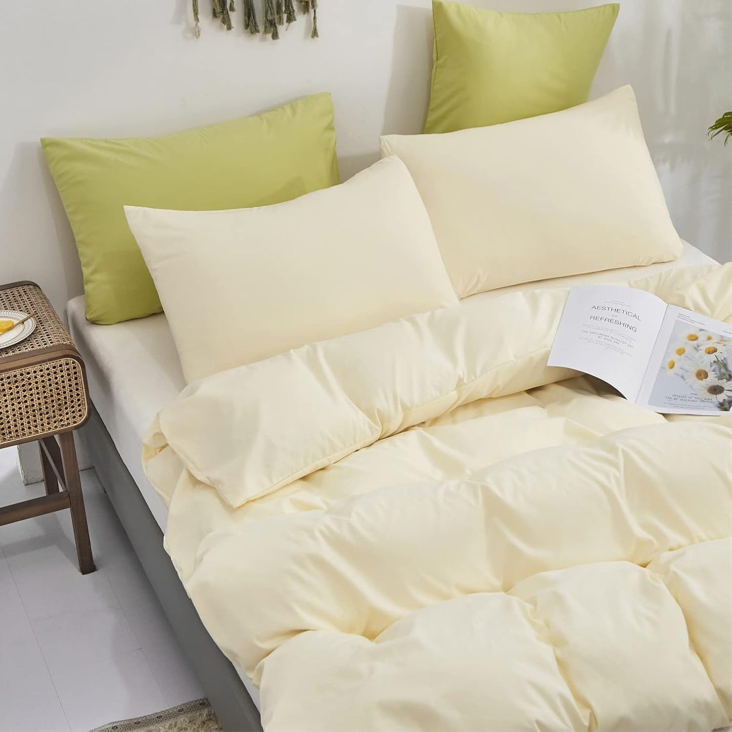 KAREVER Light Yellow Comforter Set Full Ivory Bedding Set Men Breathable Beige Bedding Set Women Soft Off White Ivory Bedding Comforter Set Full Size Comforter