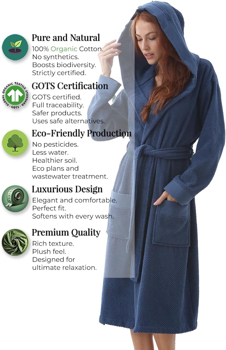 SEYANTE Organic Turkish Cotton Terry Hooded Kimono Bathrobe, Robe for Women