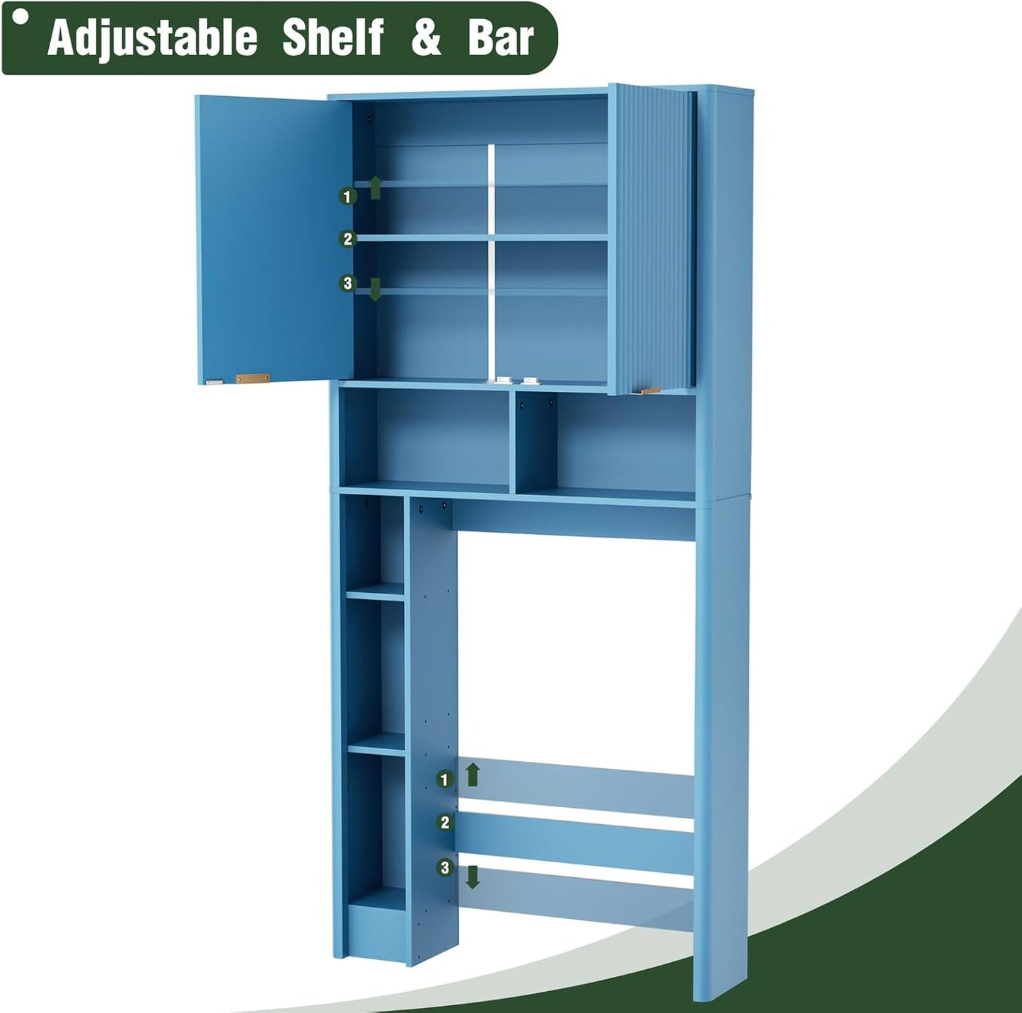 31" W Over The Toilet Storage Cabinet with Fluted Door, Blue Bathroom Organizer with Adjustable Shelf, Toilet Paper Holder Stand Wave Door for Restroom, Laundry Room