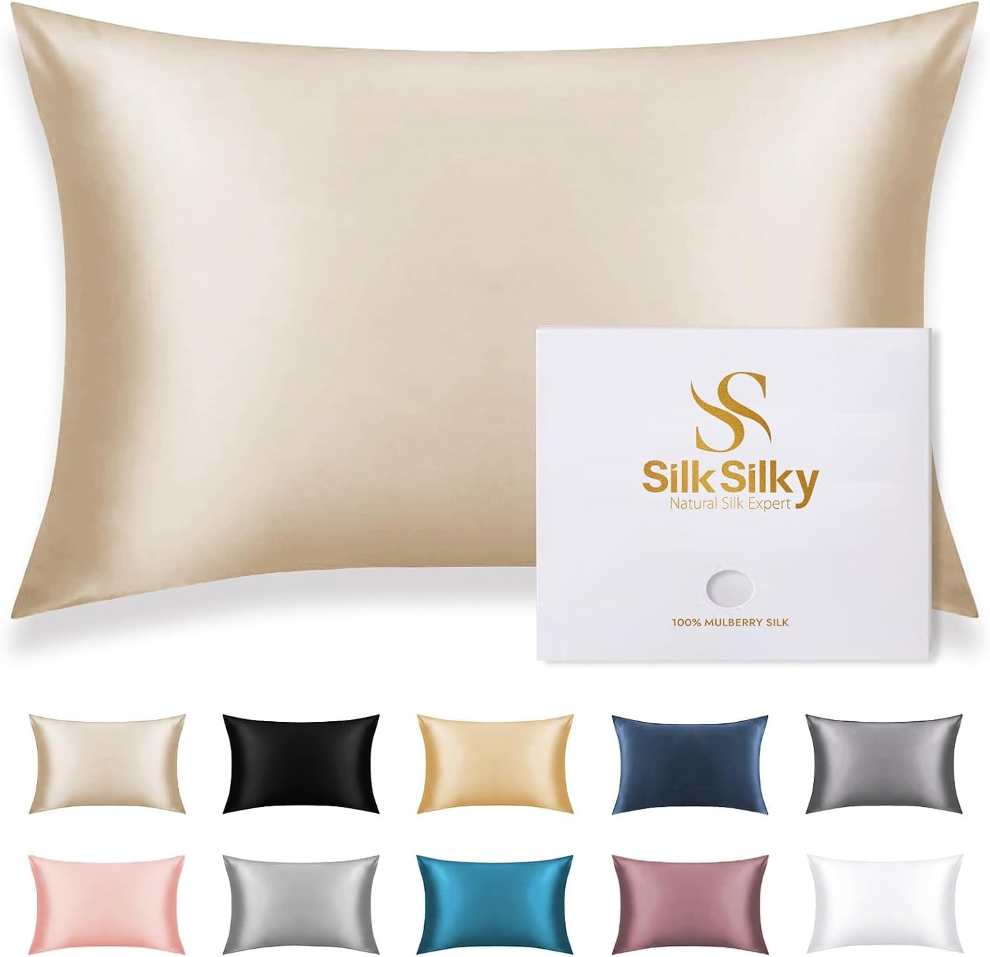 SilkSilky 100% Mulberry Silk Pillowcase - Pure 22 Momme High-Grade 6A Fibers for Hair & Skin, Envelope Closure, Natural, Organic, Breathable & Cooling Pillow Case (Queen, Beige)