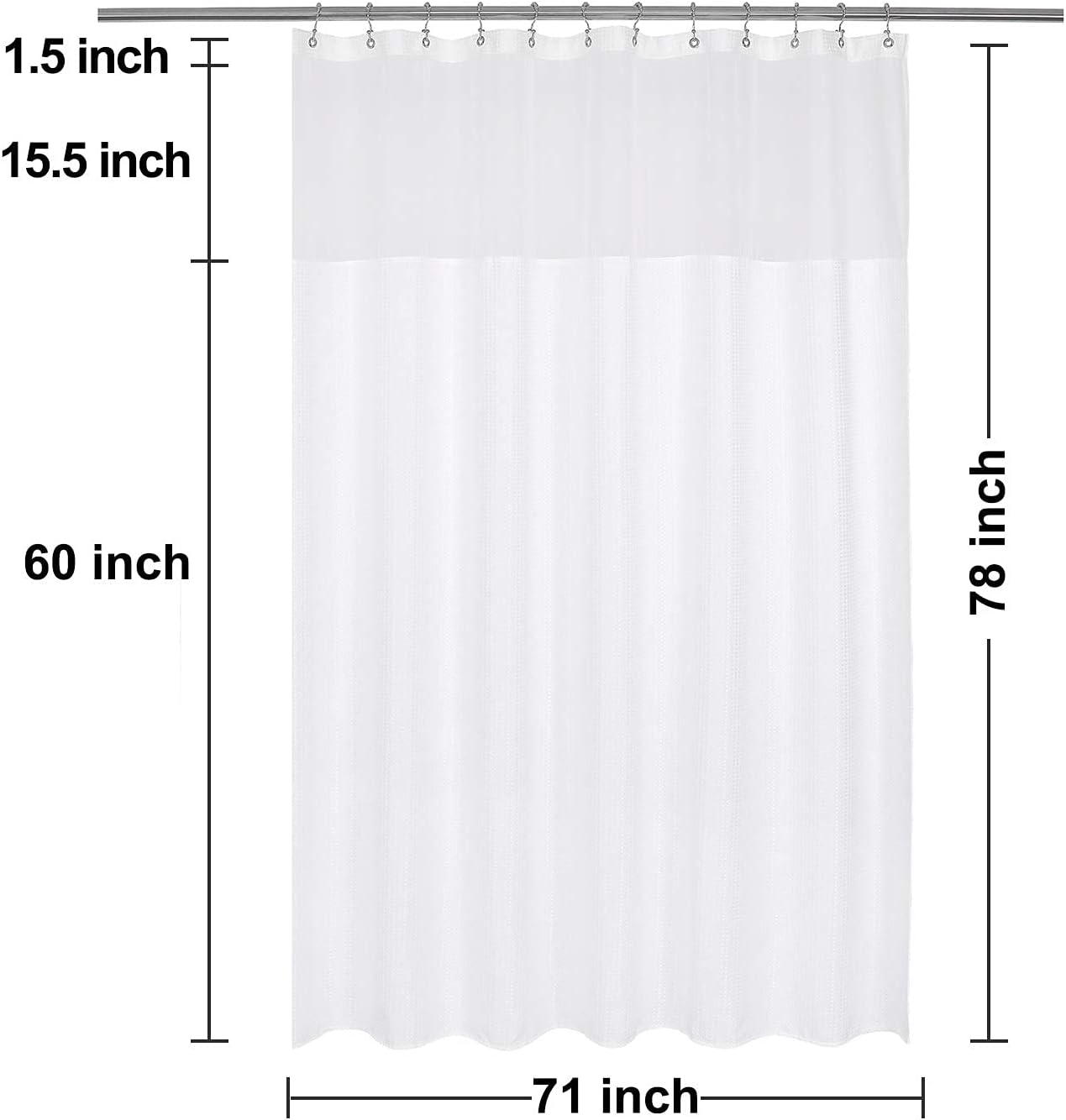 N&Y HOME Long Waffle Weave Shower Curtain with Snap-in Fabric Liner and 12 Hooks Set - 71" x 78", Hotel Style & Mesh Top Window, Machine Washable, Water Repellent - 71x78, White