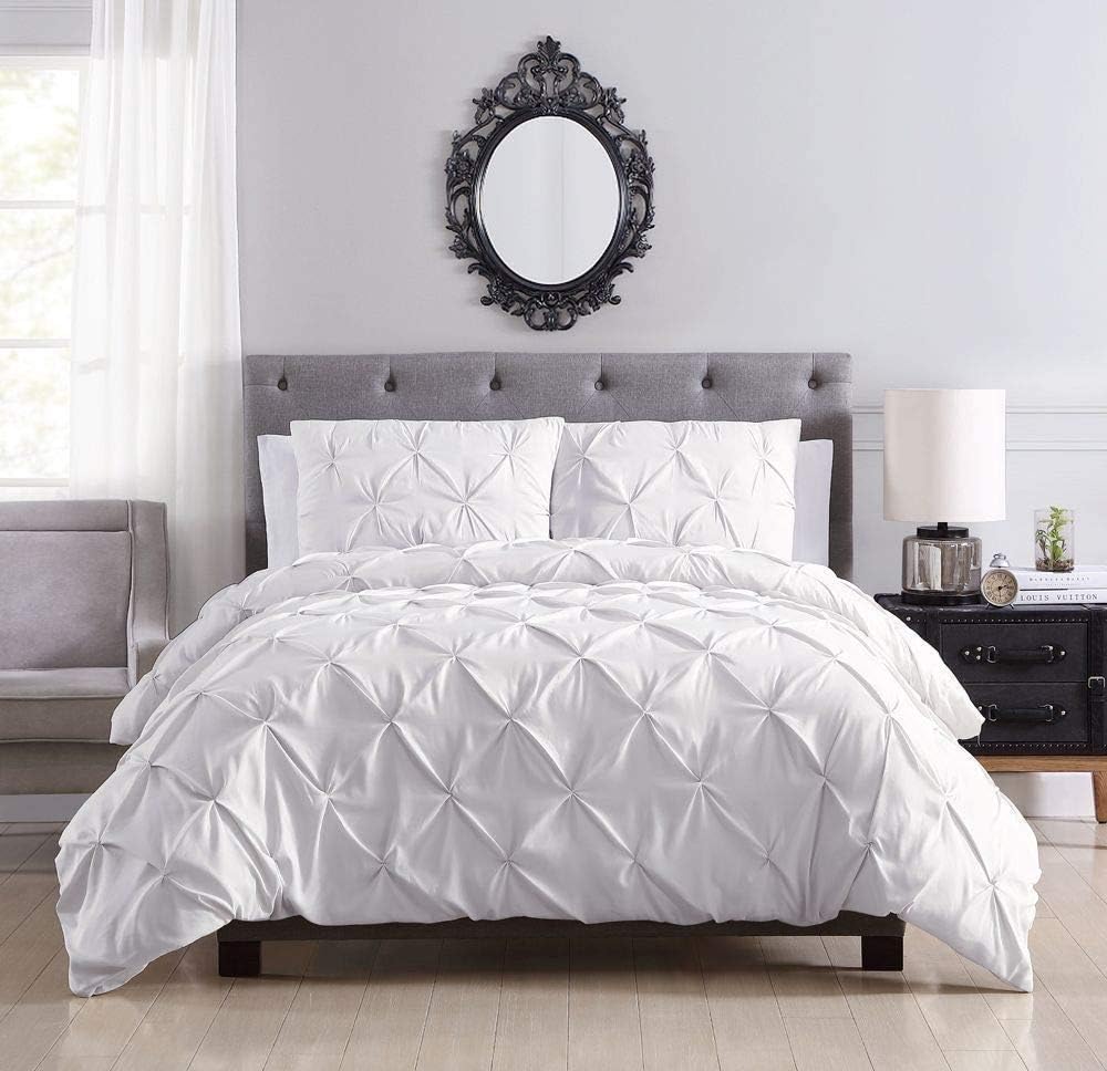 Pinch Pleated Duvet Cover Set 100% Brushed Microfiber 3PC Queen Size 90x90 Duvet Cover Set, Decorative Pinch Design White Duvet Cover with Matching Pillow Case
