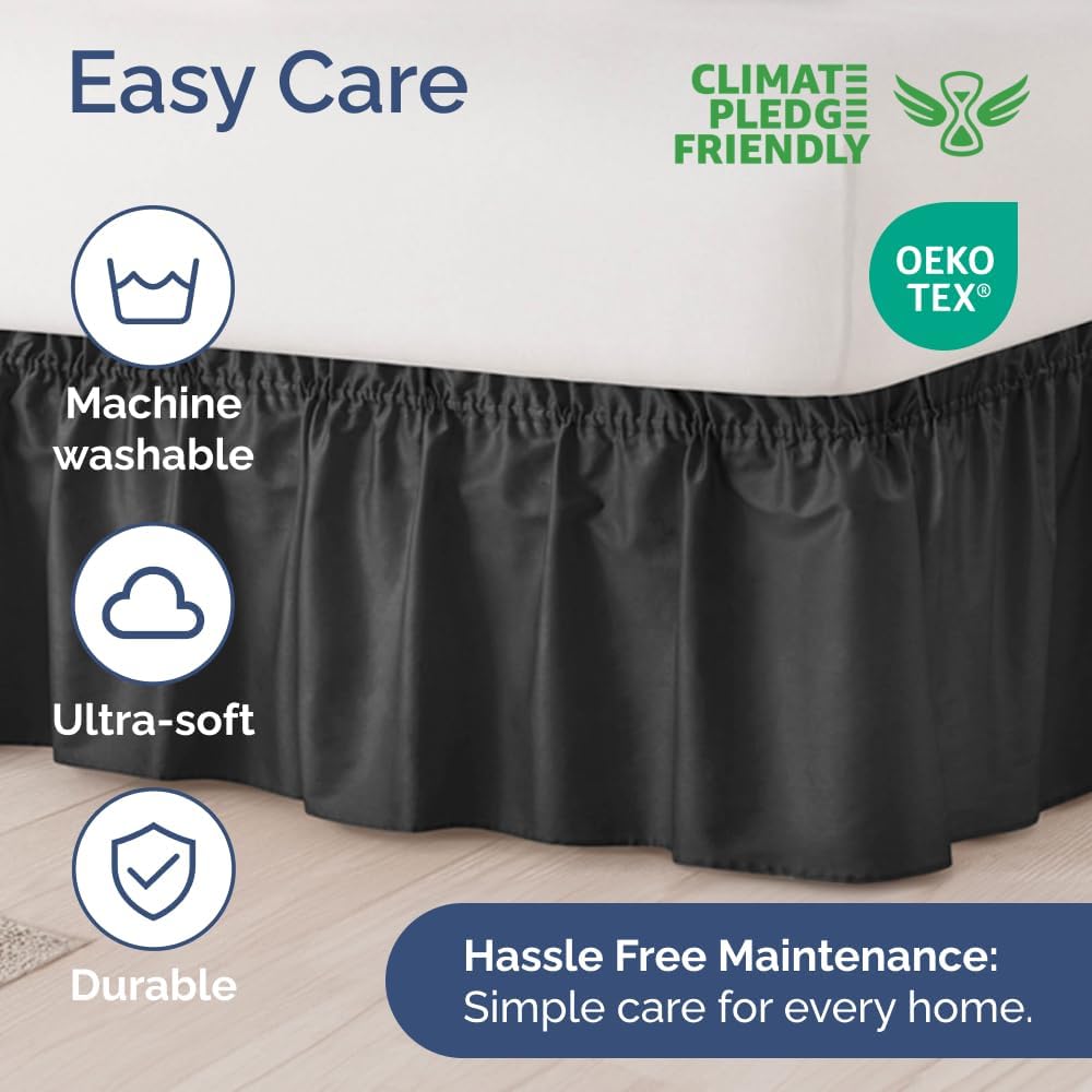 Wrap Around Dust Ruffle Bed Skirt - Black - for King Size Beds with 21 Inch Drop - Easy Fit Elastic Strap - Adjustable Pleated Bedskirt w/Brushed Fabric - Wrinkle Free - for Women, Men, Kids & Teens